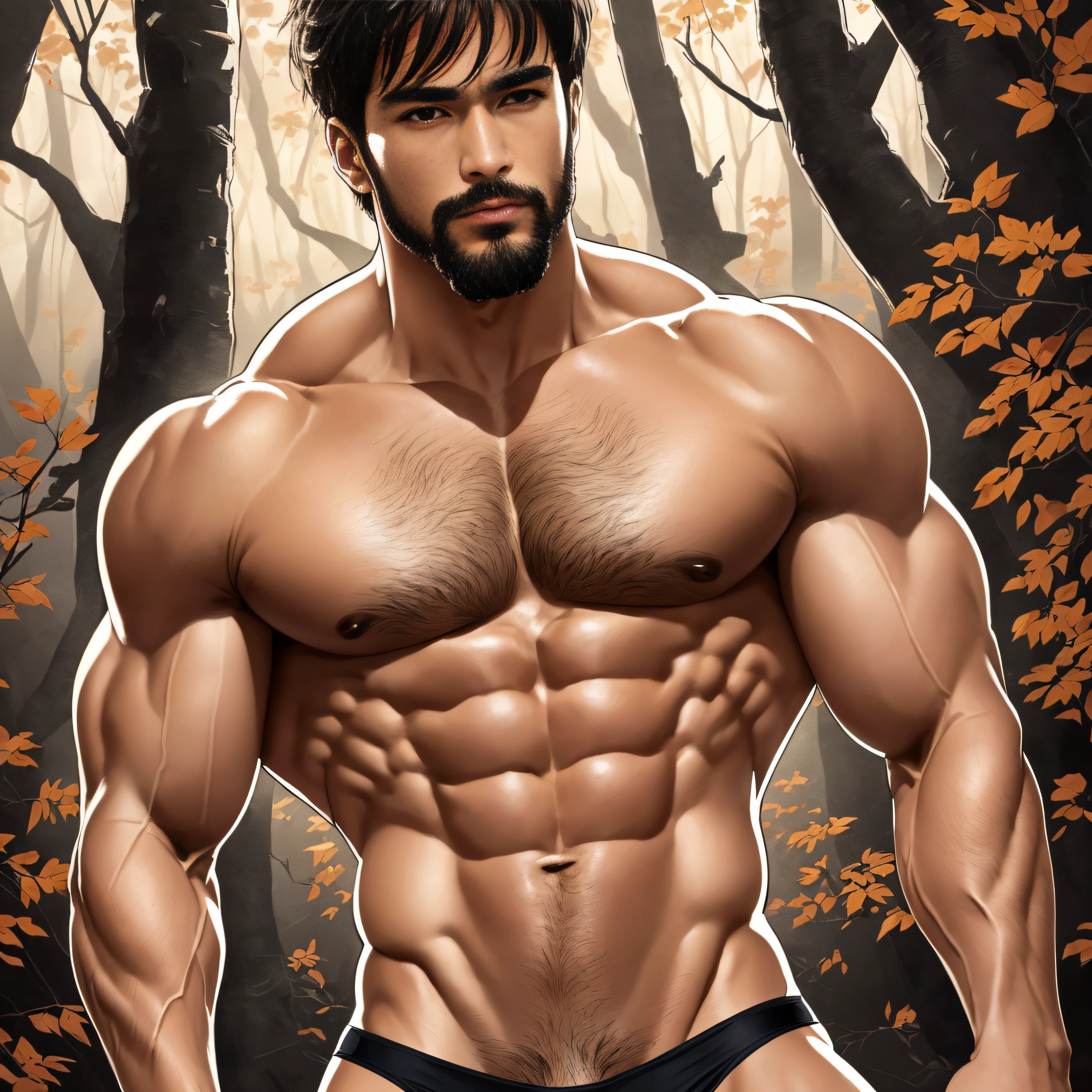 (Hiroko Yuhiguchi, 1.4)， Yuko Higuchi，(By Yoh:1.2)，(master masterpiece，best best quality，Official fine art，Beauty and Aesthetics:1.2)，(Hyper Detail)，（(Clear skin color tong，Looming internal structure:1.1)）（(Inch hair is short，Short beard stubble:1.1)）（(bobed hair，brush cut，32岁muscle man:1.1)）Finely detail，best illustrations，Hand drawn high quality，(High Contrast)，(Clean lines:1.3)，(arte de linha)，Line Drawing，(Complex lines)，Ligne Claire，s fractal art，stroke，ukiyoe style，(full body portrait，No pants on，extreme close up:1.1)，(muscle man，Wear only a pair of skin-colored transparent thongs:1.1)(He was surrounded by dead trees:1.1)，The perfect facial features of a supermodel，full body showing(Short hair，Bearded stubble)，The man who doesn't mean it，Surround composition，Perfect pectorals and abs，mysterious night，Extremely provocative and sexy(increased detailing)，(Detailed background:1.2)，(cores、)，High res，Extreme detail（(Transparent skin color ultra-fine thong:1.1)）