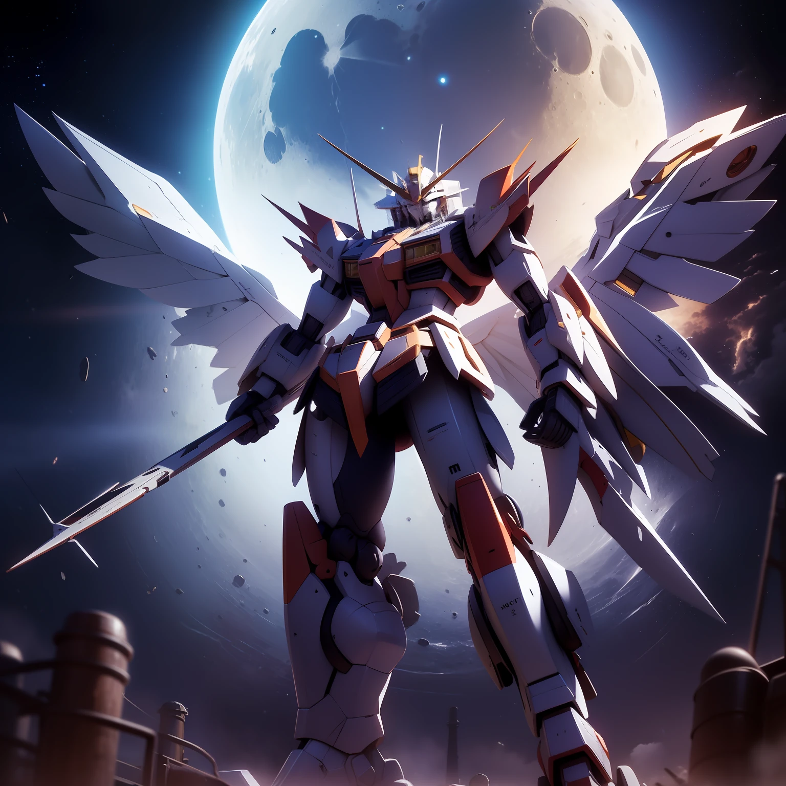 master masterpiece,the best quality t,8K壁纸,A winged flying mech Gundam stands on the planet,Moon,Weapons in hand,Brilliant,starry skys,with full moon