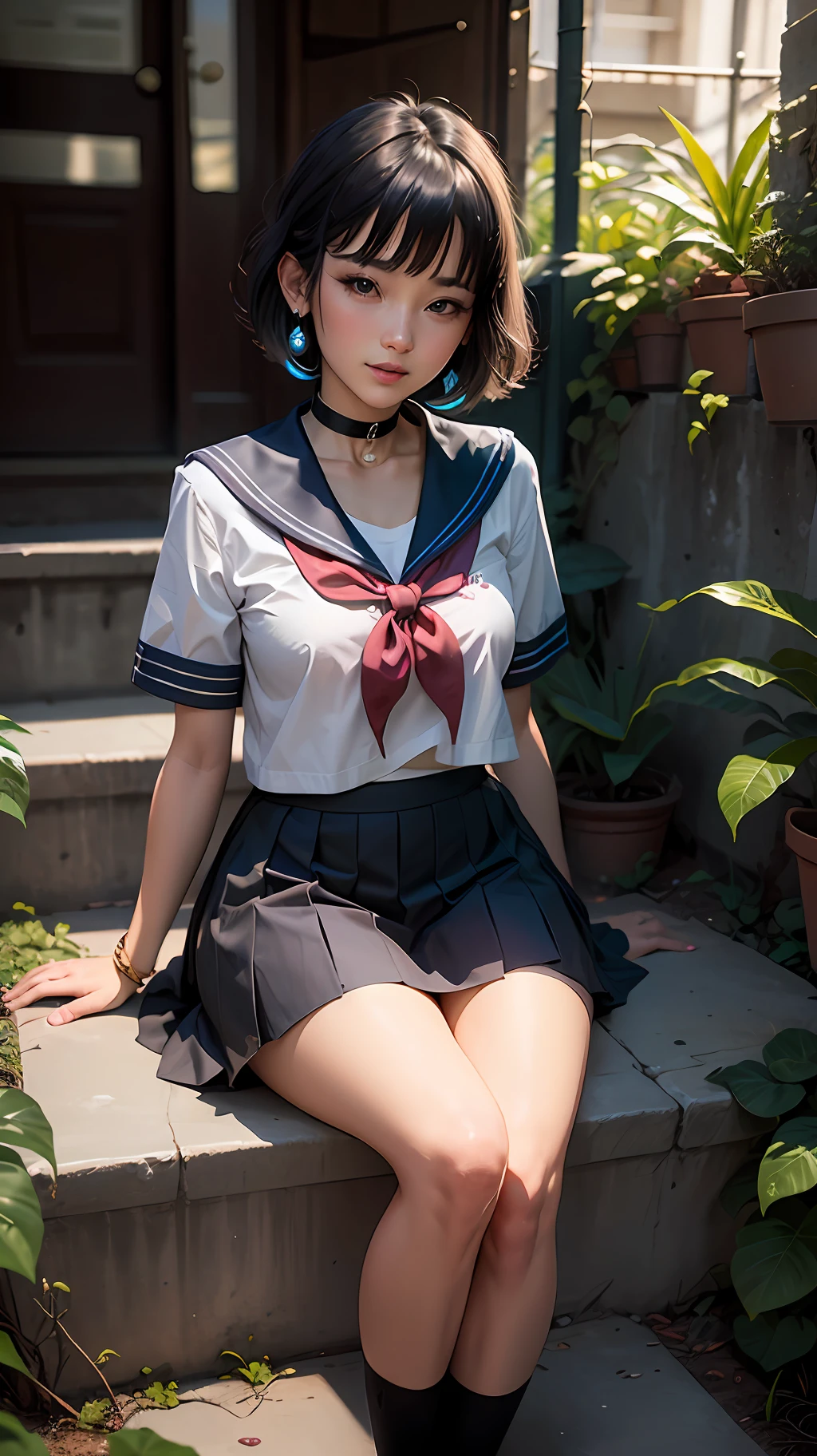 1女孩， hair bangs， black_choker， black_hair， blue_sailor_collar， blue_skirt， bushes， Choker， Collarbone， sky， ear ring， blossoms， jewellery， Lips， looking_at_viewer， out door， Botanical， pleated_skirt， potted_plant， pathway， sailor_collar， school_uniform， serafuku， Camisa， short_hair， short_sleeves， sits， sskirt， Sorrisos， solo， stairway， --auto