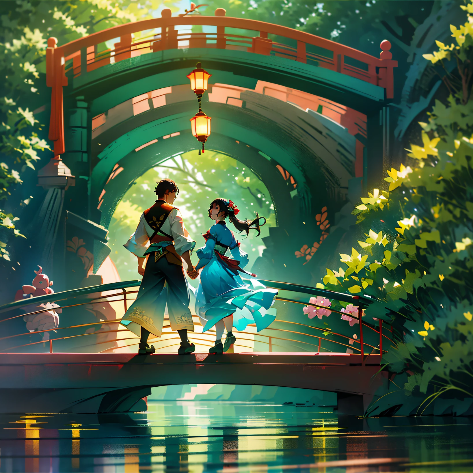 boy1, girl1, holding hands on the bridge, looking at each other, river under the bridge, Chinese costumes, flowers, dark environment, lanterns --auto --s2