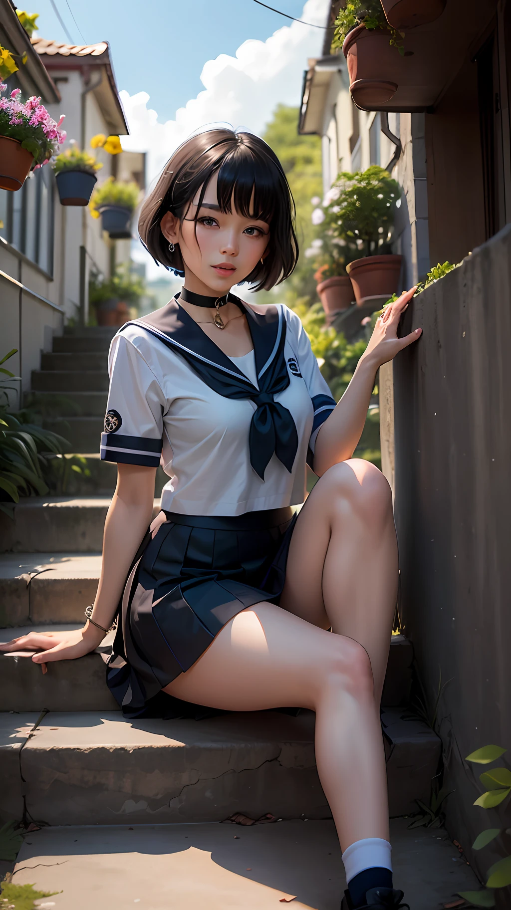 1女孩, hair bangs, black_choker, black_hair, blue_sailor_collar, blue_skirt, bushes, Choker, Collarbone, sky, ear ring, blossoms, jewellery, Lips, looking_at_viewer, out door, Botanical, pleated_skirt, potted_plant, pathway, sailor_collar, school_uniform, serafuku, Camisa, short_hair, short_sleeves, sits, sskirt, Sorrisos, solo, stairway, --auto