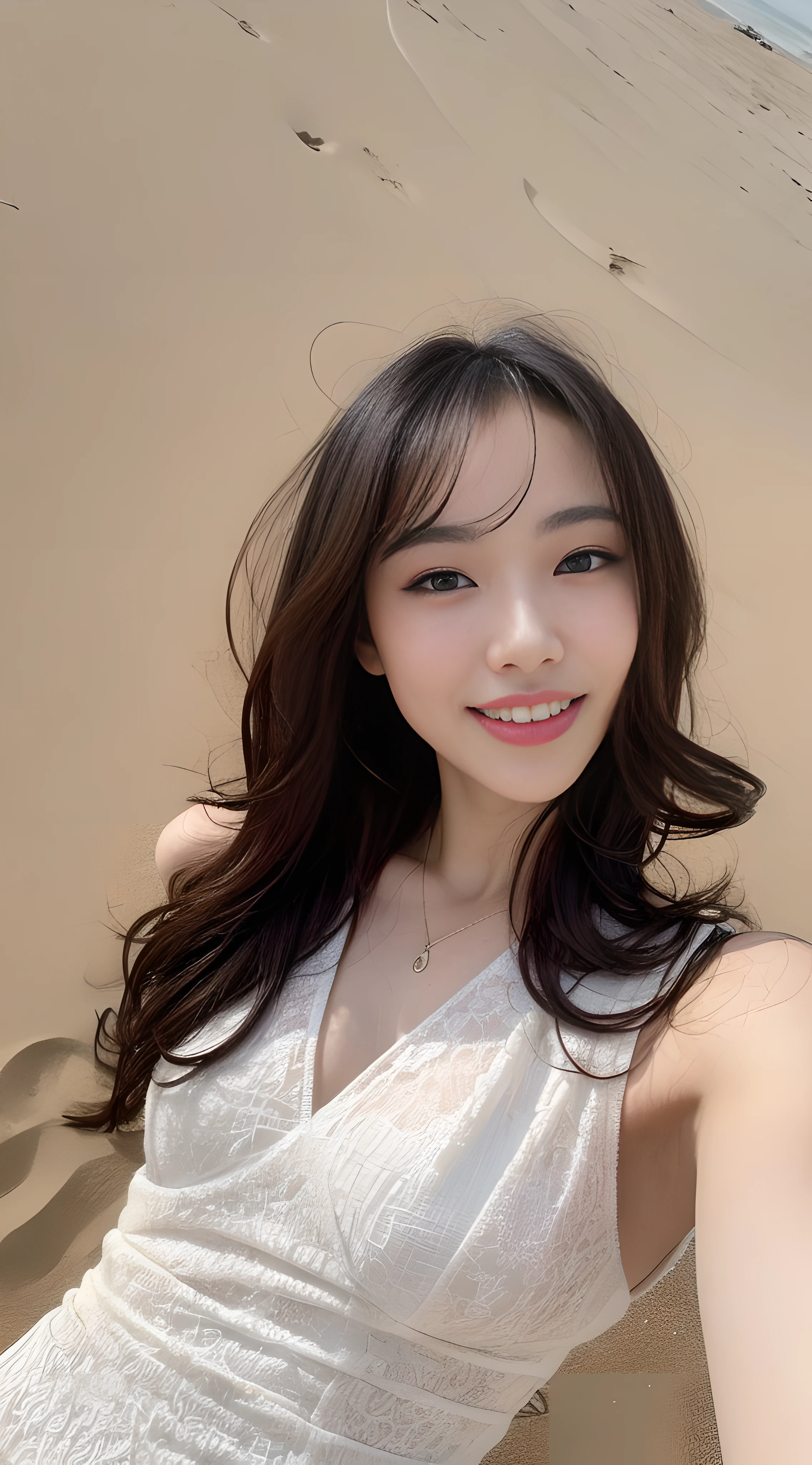 ((Best Picture Quality, 8k, master masterpiece:1.3)), 1girl, Perfect body beauty:1.3, hip,:1:2(long curlyhair,), piece dress:1.1, super detailed face, Detailed eye, Whiten skin,double eyelidwork,Sorrisos,on the sand