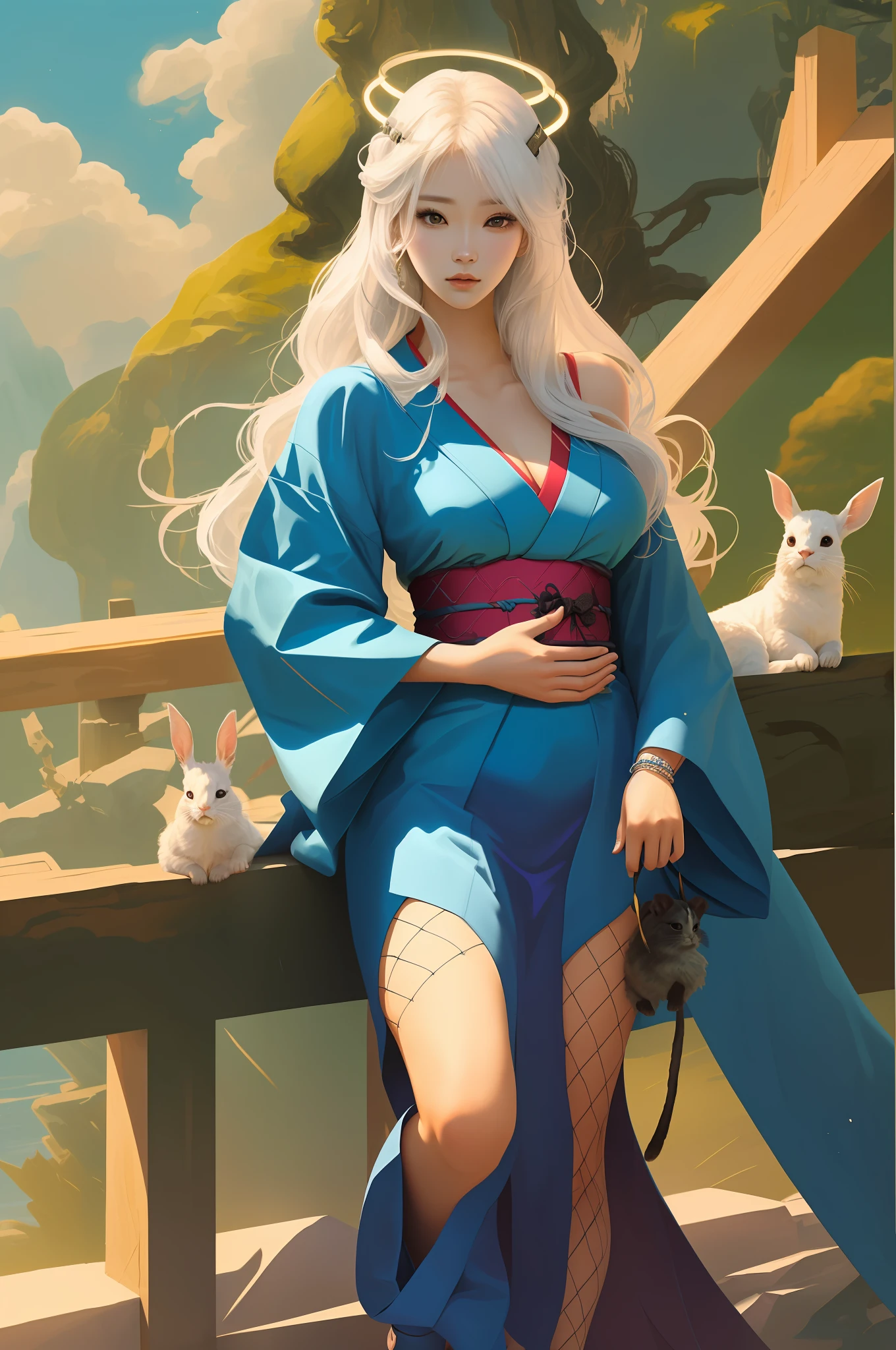 Full length shot, (fullbody shot), halo around the head, emptiness above the head, Beautiful Korean woman, white hair, long hair with bangs, hair lying flat, opinion, Pointing downwards, holding a rabbit in his hands,The model in the center walks in front of the camera, (summer kimono and fishnet stockings). Open shoulders, (Nude body). (Large Breasts). beautiful slender body, Nfsw. hyperrealism, Hyper-realistic graphics , Detailed body , Detailed face