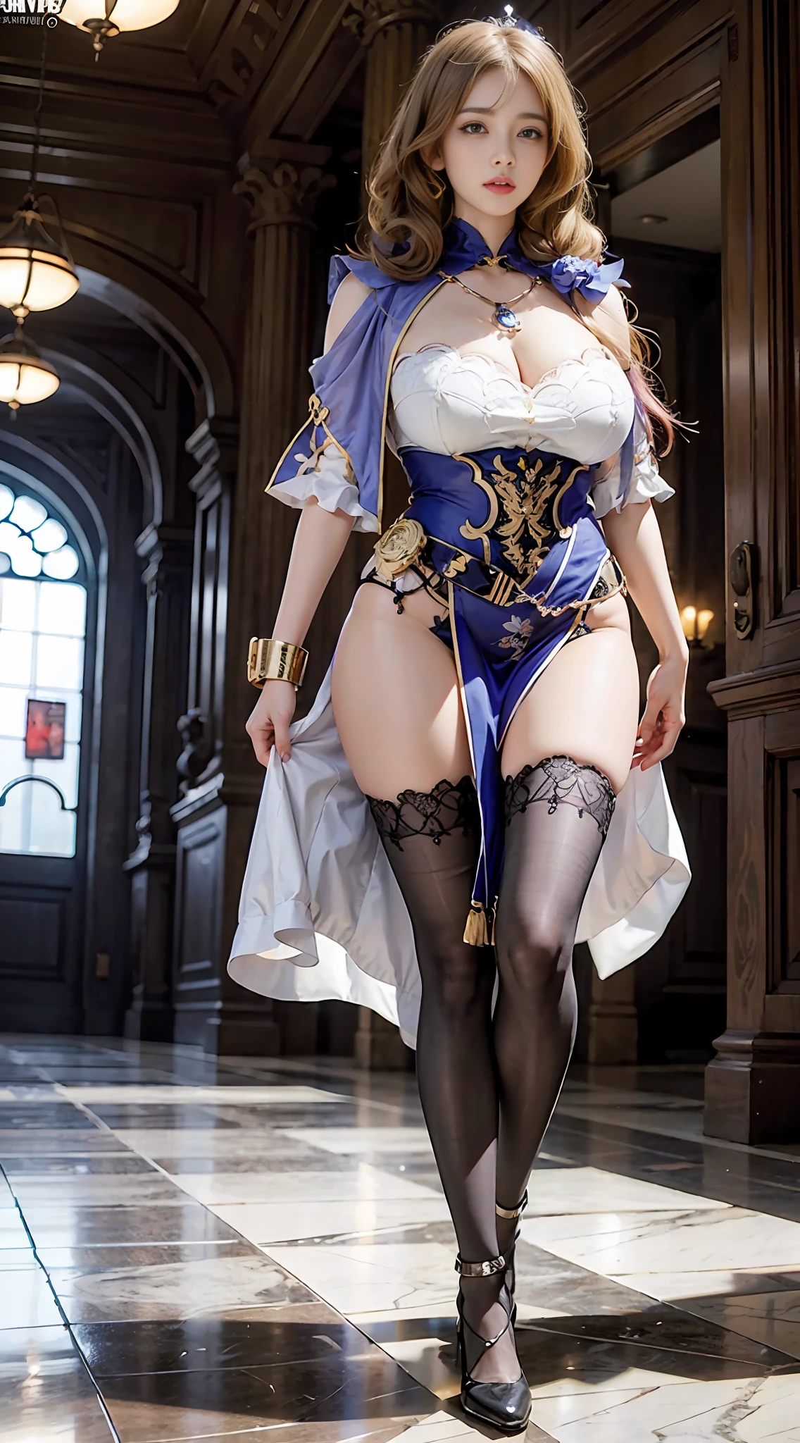 Unreal Engine 5 Realistic Rendering, Excellent, looking on camera, Donghua character, cosplayer, walking down hallway of Holy palace, beautiful face, makeup, top body is hyper realistic thicc muscular and hyper largest_breasts!! with the type of boobs_melons, lower is huge buttocks, jealous, bokeh, masterpiece, highres, 1080P, UHD, masterpiece