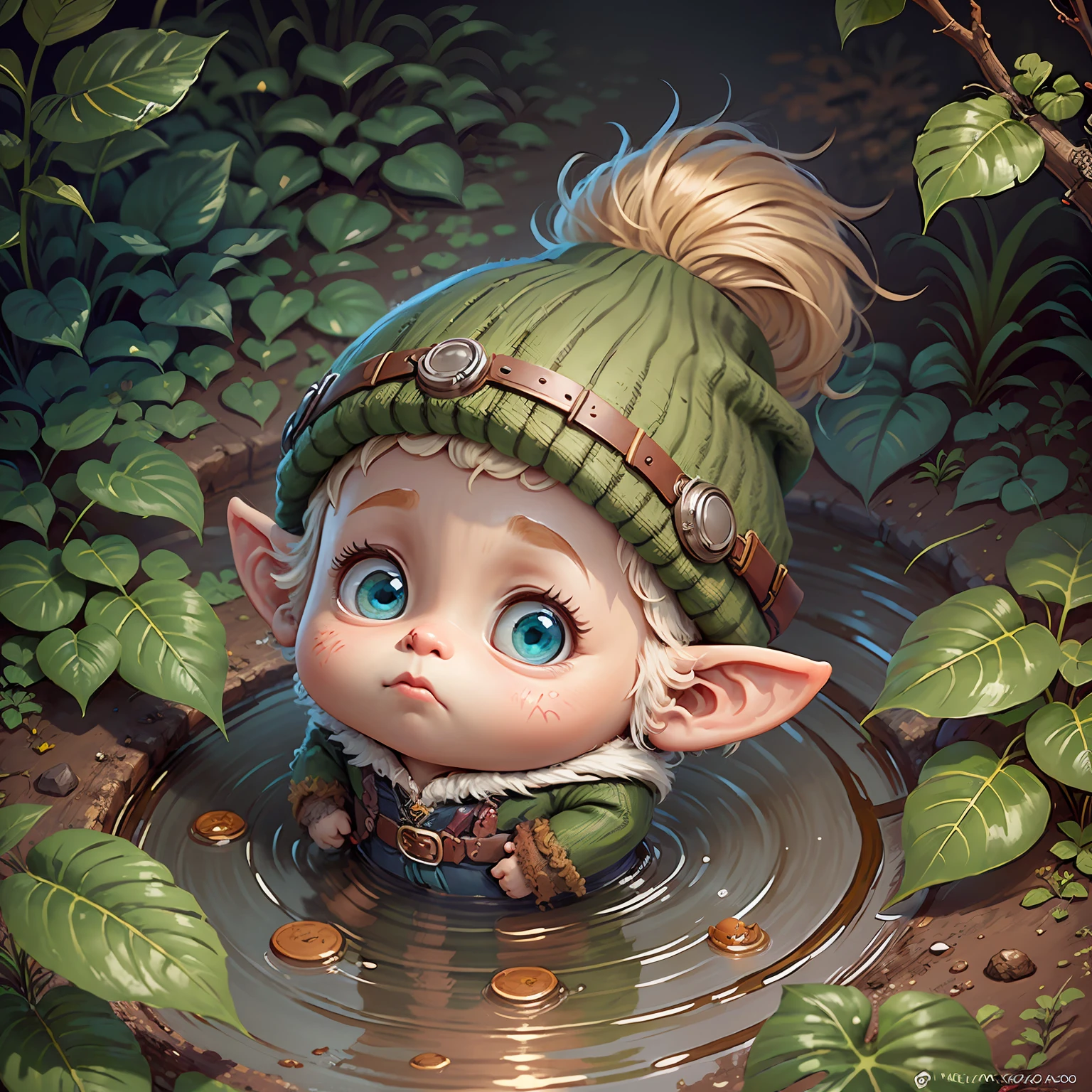 A scene with medium range: Melvin ,a cute gnome, is in a puddle of mud. adorable digital painting, cute detailed digital art --auto --s2