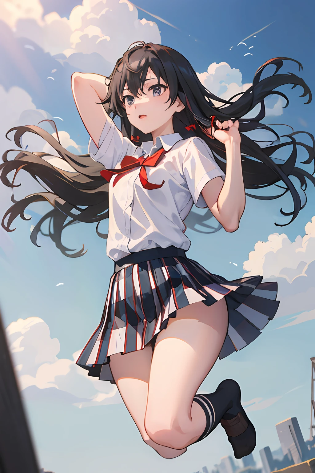 masterpiece, 1girl, solo, yukino yuknoshita, school uniform, white shirt, plaid miniskirt, red bowtie, (black knee high socks:1.5), absolute territory, jumping