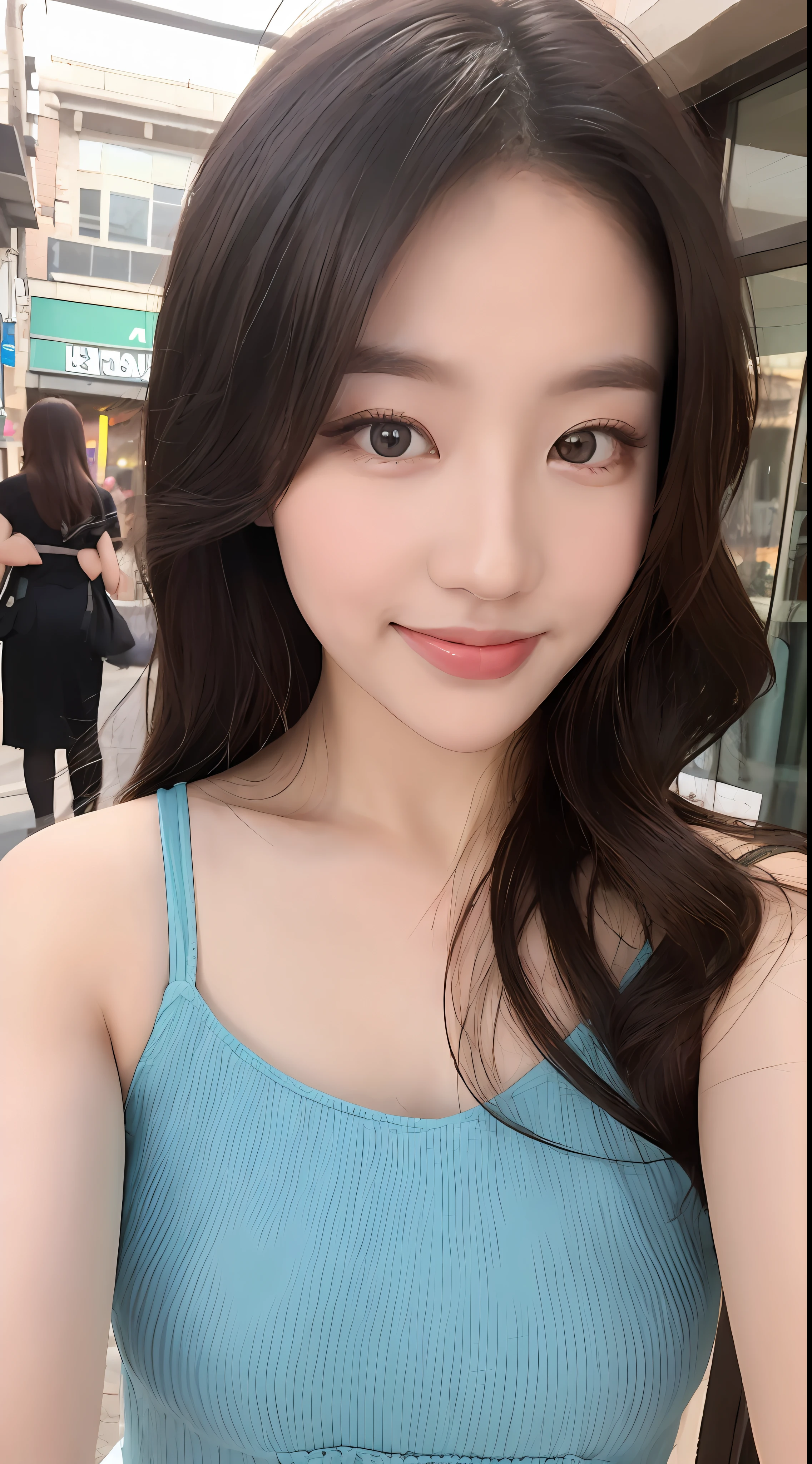 ((Best quality, 8k, Masterpiece :1.3)), 1girl, smiling, full body, slim face, Pretty woman, (Dark brown hair), full length dress :1.1, Ultra-detailed face, Detailed eyes, Double eyelid, blur background, slim face, city, outside, street,