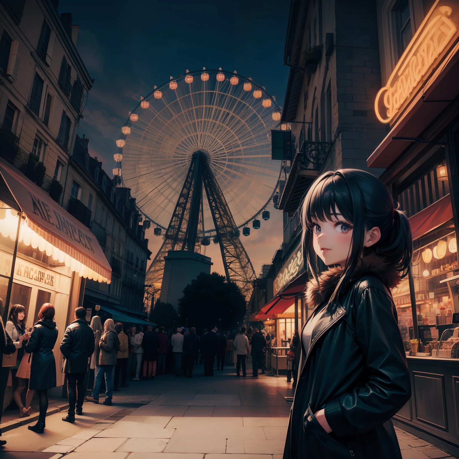 A whimsical scene depicting a captivating anime-style cartoon girl standing confidently in front of a towering Paris wheel at a vibrant fun fair, with a beautifully detailed background, vivid colors, dynamic lighting, and an overall joyful atmosphere.