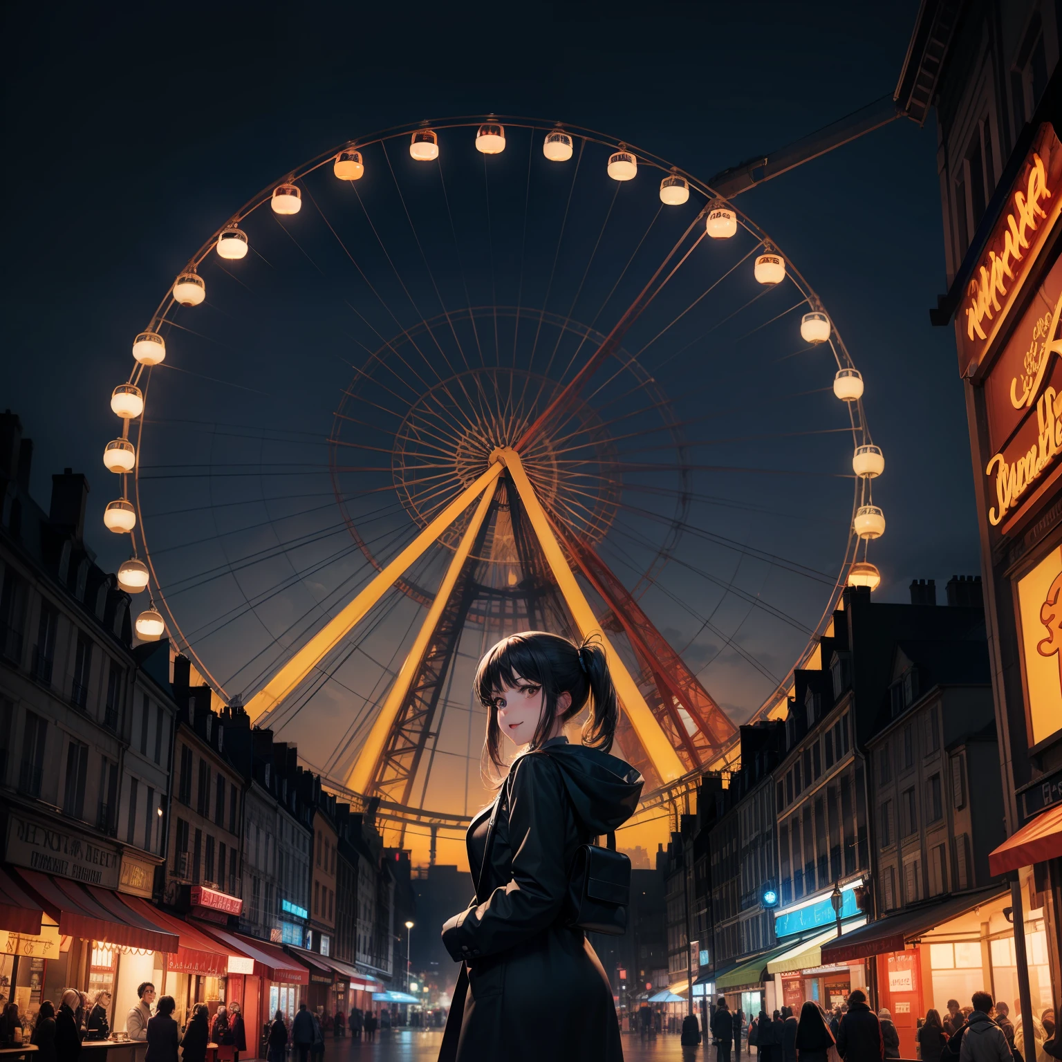 A whimsical scene depicting a captivating anime-style cartoon girl standing confidently in front of a towering Paris wheel at a vibrant fun fair, with a beautifully detailed background, vivid colors, dynamic lighting, and an overall joyful atmosphere.