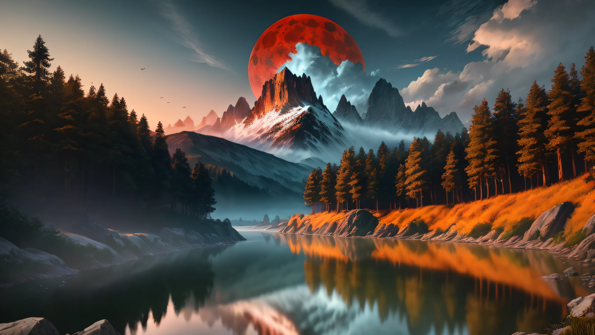 Masterpiece, best quality, high quality, extremely detailed CG unity 8k wallpapers, landscapes, perfect reflections, stunning water surfaces. outdoors, sky, clouds, dusk, no humans, castle, gothic, mountains, landscape, water, trees, blood moon, waterfall, cliffs, nature, lake, river, cloudy sky, detail enhancement, detail enhancement, no flaw. Award Winning Photography, Bokeh, Depth of Field, HDR, Bloom, Chromatic Aberration, Photorealism, Highly Detailed, Intricate, High Detail, Dramatic, Castlevania,