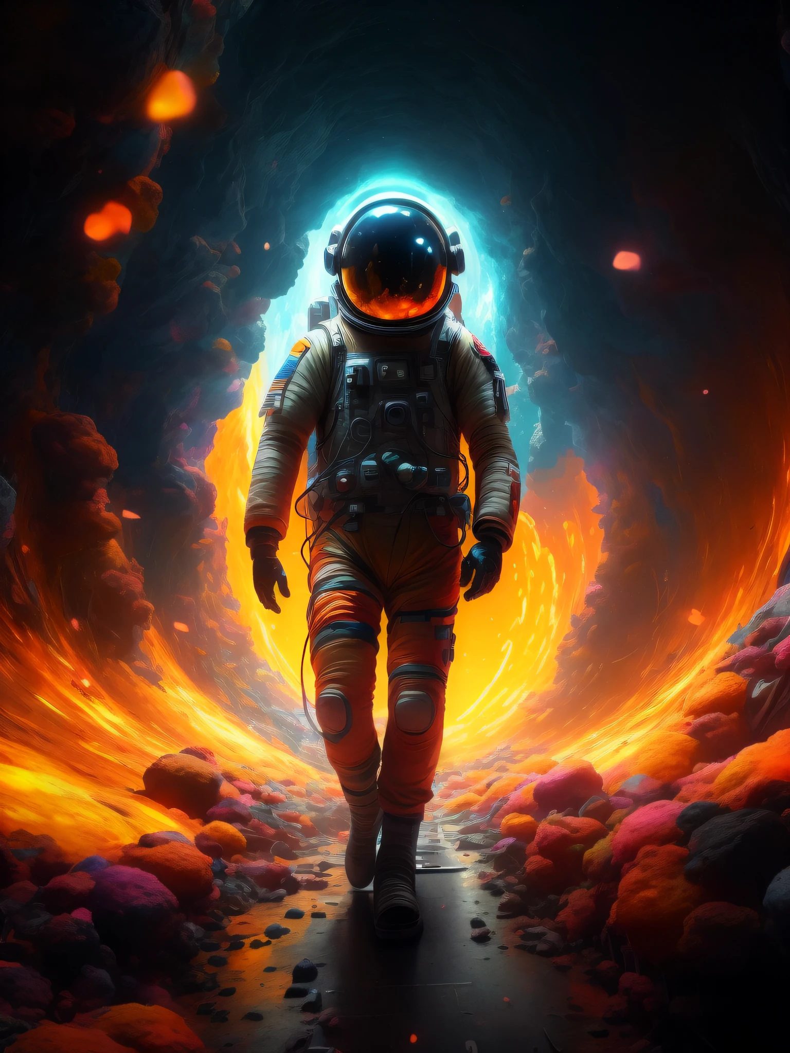 astronaut in a space suit walking through a tunnel of lava, beeple artwork, beeple colors, beeple art, beeple daily art, artem demura beeple, style hybrid mix of beeple, greg beeple, beeple!!, realism | beeple, beeple masterpiece
