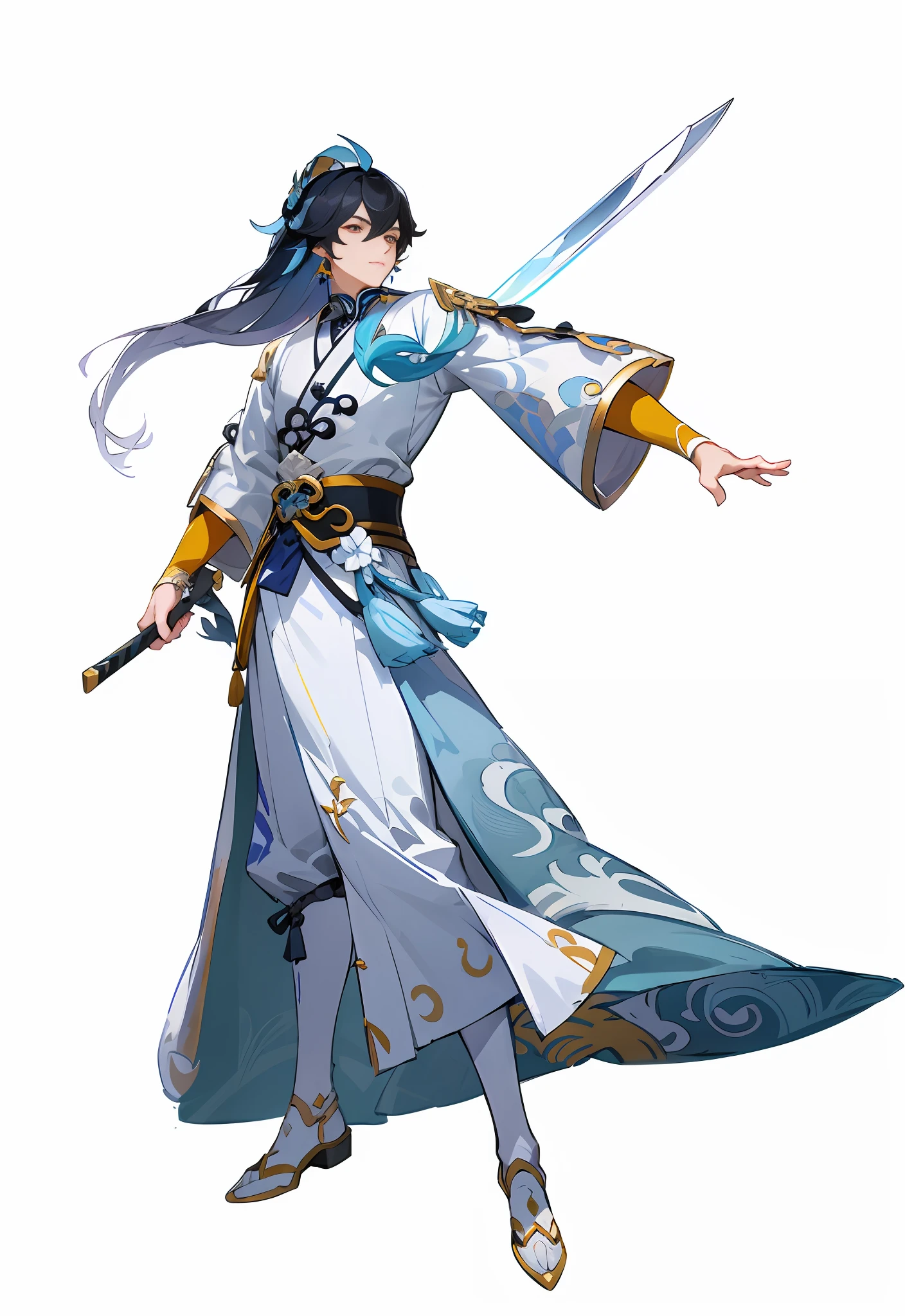 ((the whole body)),Very delicate and flawless face,Delicate open eyes,Very handsome,((Detailed facial features)) ,standing a,looking at the viewers,anime character dressed in a blue and white outfit holding a sword, 《genshinimpact》in the clear, zhongli from genshin impact, Heise Jinyao, Genshin Impact character, full body xianxia, onmyoji detailed art, genshin, onmyoji, zhao yun, genshin impact style, official character art, cultivating immortals