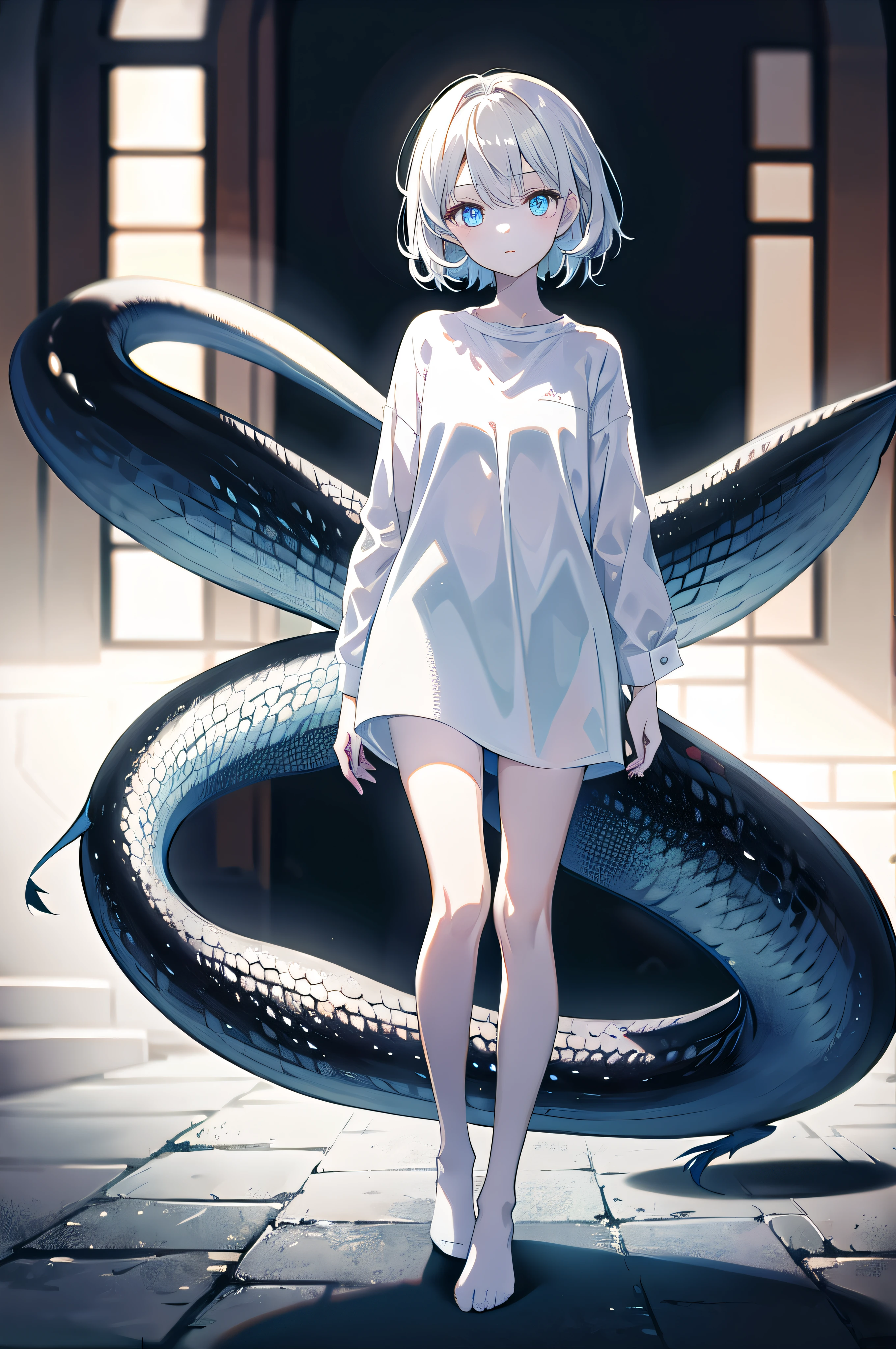 1girl, lamia, scales, white shirt, full body, Original Character, Volumetric Lighting, Best Shadows, Shallow Depth of Field, Stunningly Beautiful Girl, Petite, Delicate Beautiful Attractive Face