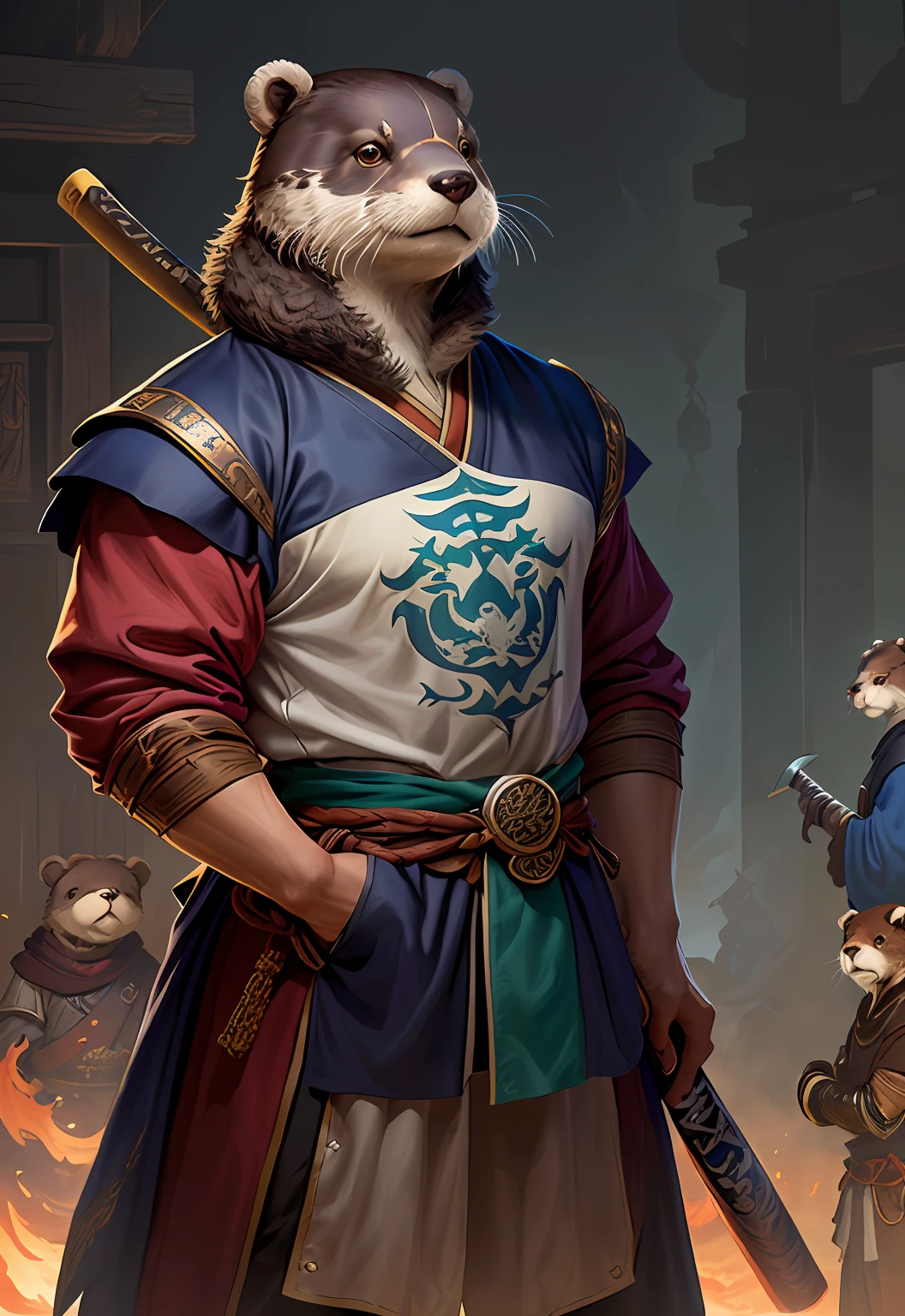 cartoon of a man dressed in a costume with a baseball bat, anthropomorphic otter in costume, as an anthropomorphic dragon, anthropomorphic samurai bear, anthropomorphic furry otter, official character illustration, stannis baratheon, but as an anthropomorphic dragon, as a dnd character, inspired by Huang Shen --auto