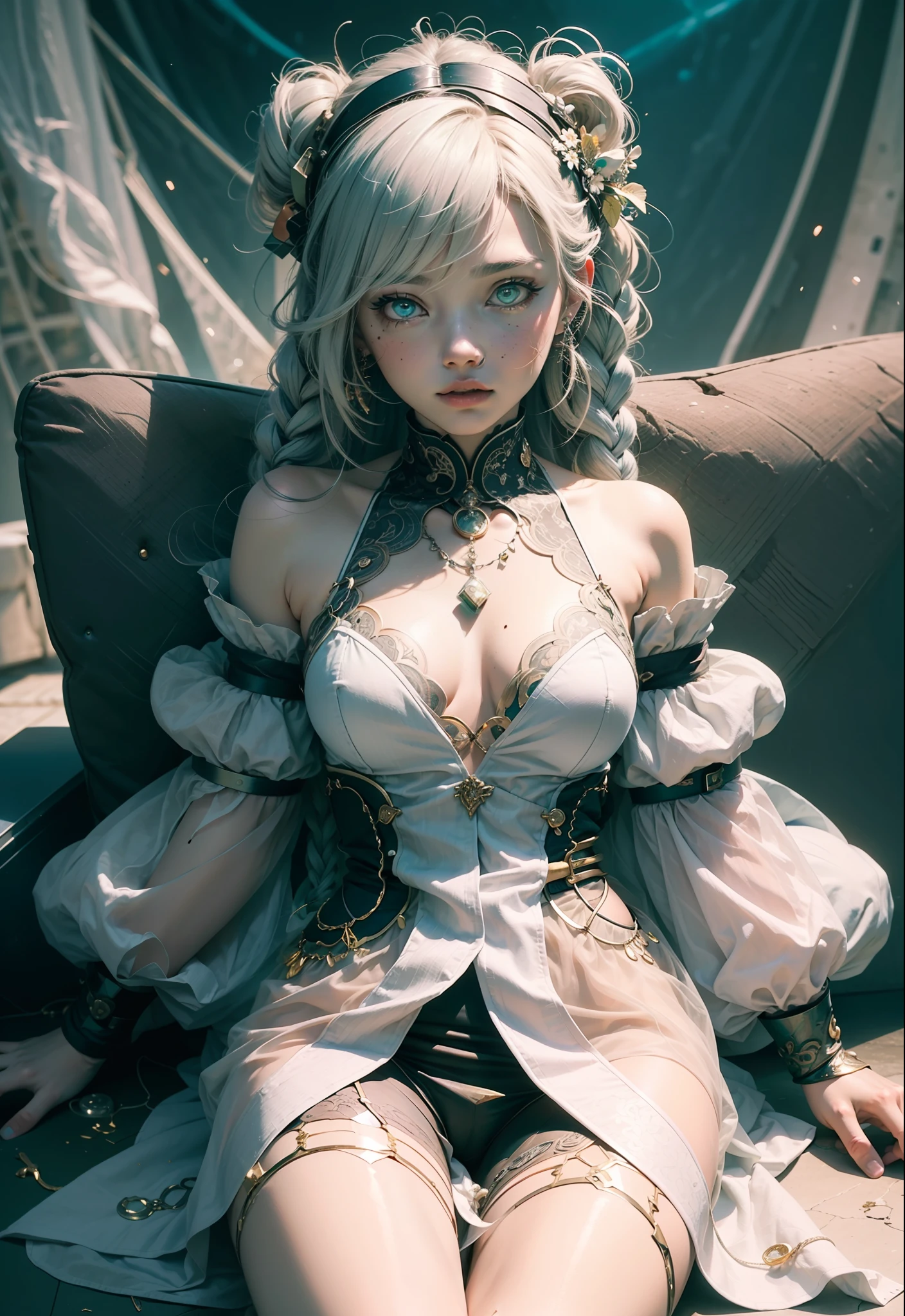 hatsuneMiku、(ultra Realistic), (An illustration), (Highres), (8K), (Very Detail), (the best illustration), (Beautiful Detailed Eyes), (The Highest Quality), (Super Detailed), (masuterpiece、), (Wallpapers), (Detailed Face), solo、、、、、、, 1人の女の子, Aristocratic dresses、White hair, Iris heterochromatic eyes, small moles under eye,  medium chest, Long legs、Stunning composition、Foot braids、Beautiful and detailed legs