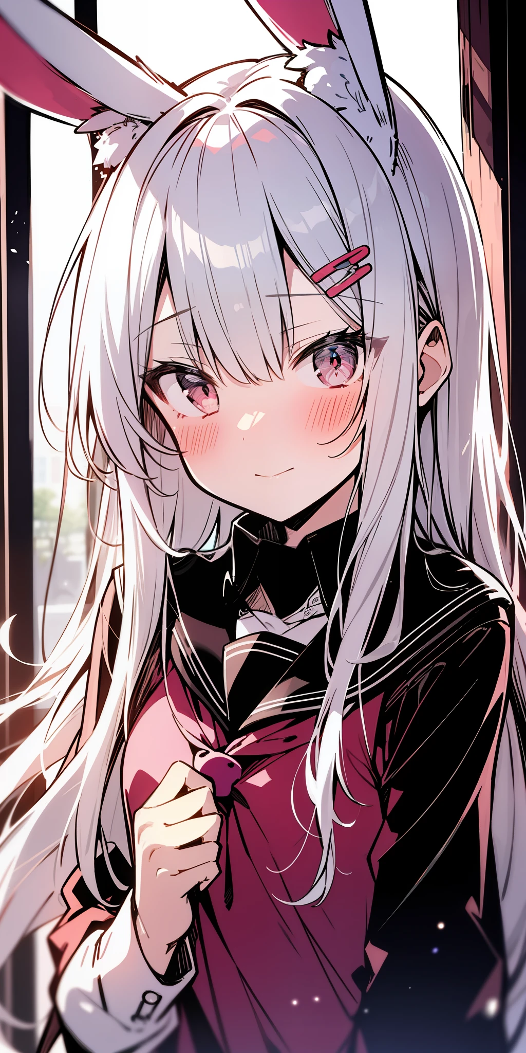 Anime girl with white hair and bunny ears, ruby eyes, shy blush, school uniform, high contrast, soft light