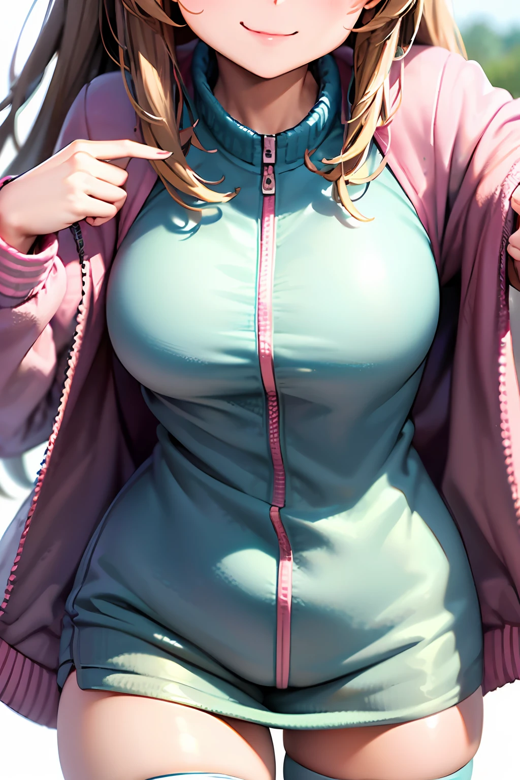 (close up:1.4), (masterpiece:1.2, best quality), (real picture, intricate details), 1girl, solo, absurdres, cowboy shot, standing, outdoors, :3, smile, bear girl, bear ears, big thighs, fluffy bear ears,(light pink jacket:1.3), open jacket, white thighhighs, strawberry pattern, high quality , extra detailed , rendered