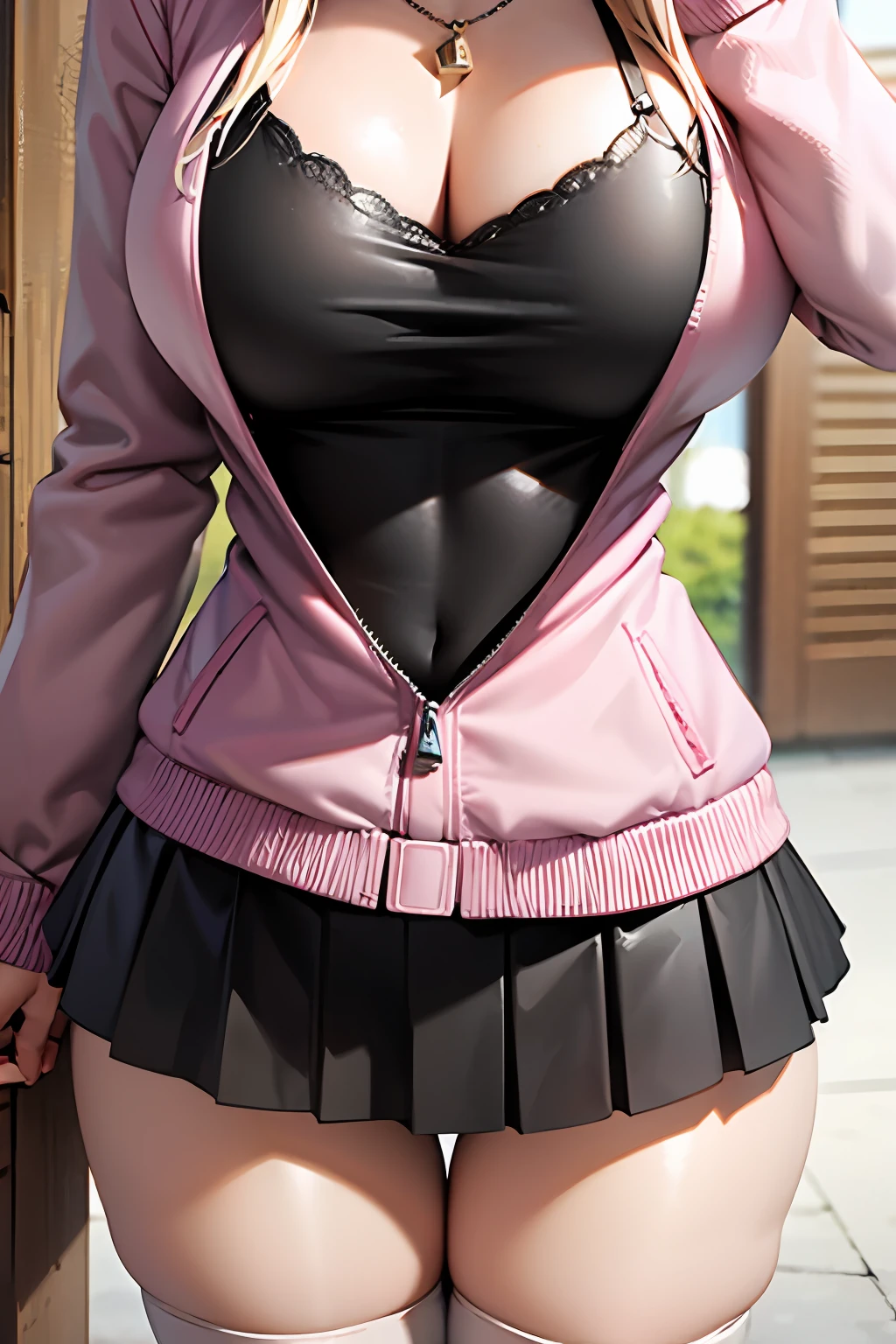 (close up:1.4), (masterpiece:1.2, best quality), (real picture, intricate details), 1girl, solo, absurdres, long platinum blonde hair, cowboy shot, standing, outdoors, :3, smile, bear girl, bear ears, big thighs, fluffy bear ears,(light pink jacket:1.3), open jacket, white thighhighs, strawberry pattern, high quality , extra detailed , rendered