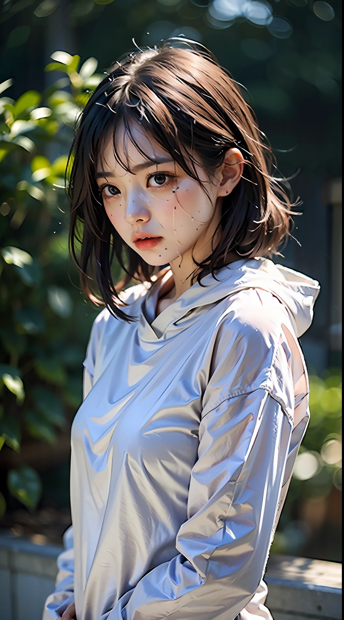 Best Picture Quality， master masterpiece， Super high resolution， （Fidelity：1.4）， photot， 1 女孩，[（sad）]，whiteshirt， dimly lit， sombre， hopelessness， commiseration， pathetic， Filmic， tears， Teardrops， （Torn clothes：1.5）， （Wet clothing：1.4）， 裸露的大胸1.5， Real rain， Wet Hair,..
