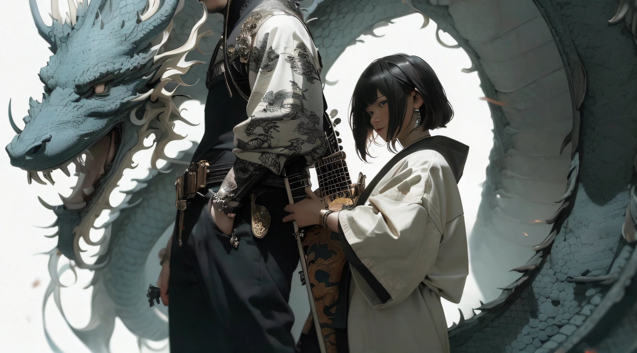 There is a man in costume holding an instrument and a dragon, hyperdetailed fantasy character, edgar maxence and ross tran, artwork in the style of guweiz, 4 k detail fantasy, 2. 5 d cgi anime fantasy artwork, ross tran and wlop, ross tran 8 k, ross tran and bayard wu, 3 d render character art 8 k,There is fire in the eyes,The details of the instrument are richer,The lines of the instrument are more minimalist