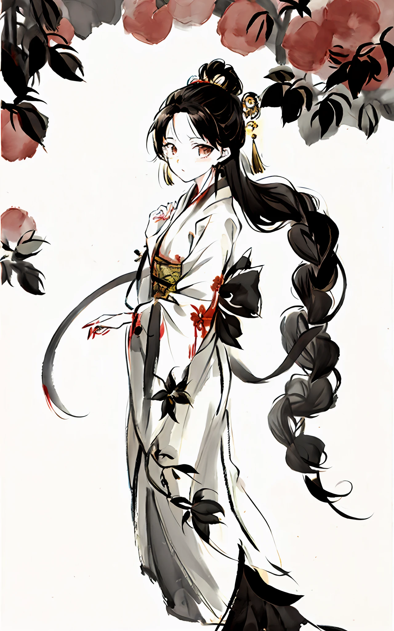 shukezouma, Negative space, , Shuimobysim , ((Portrait of a woman)), willow branches, (masterpiece, Best Quality: 1.2), ((Traditional Japanese ink painting)), Model Style, aggressive, (anger), looks at the enemy, Holding a sword, Dressed in hanfu, Hanfu, bamboo branches, bamboo, Preparing to attack, wuchangshuo, waves, blood, waves of blood,