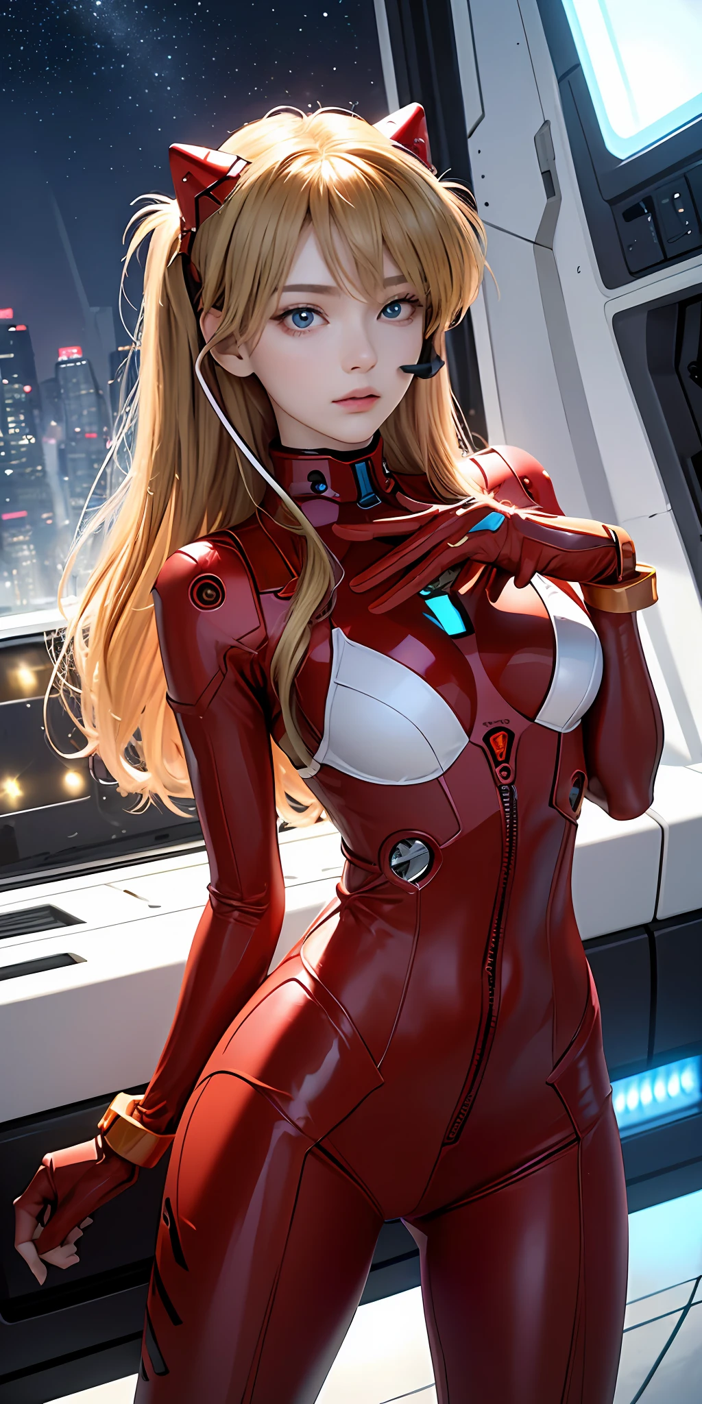 (Overhead view),dynamic angle,ultra-detailed, illustration, close-up, straight on, 1girl, 
 ((souryuu asuka langley, interface headset, red bodysuit:1.4, blonde)),Her eyes shone like dreamy stars,(glowing eyes:1.233),(beautiful and detailed eyes:1.1),(expressionless,closed mouth),(standing), 
(mechanic room with toolsand spaceship windowin a white SPACESHIP),
(night:1.2),dreamy, [[delicate fingers and hands:0.55]::0.85],(detail fingers),