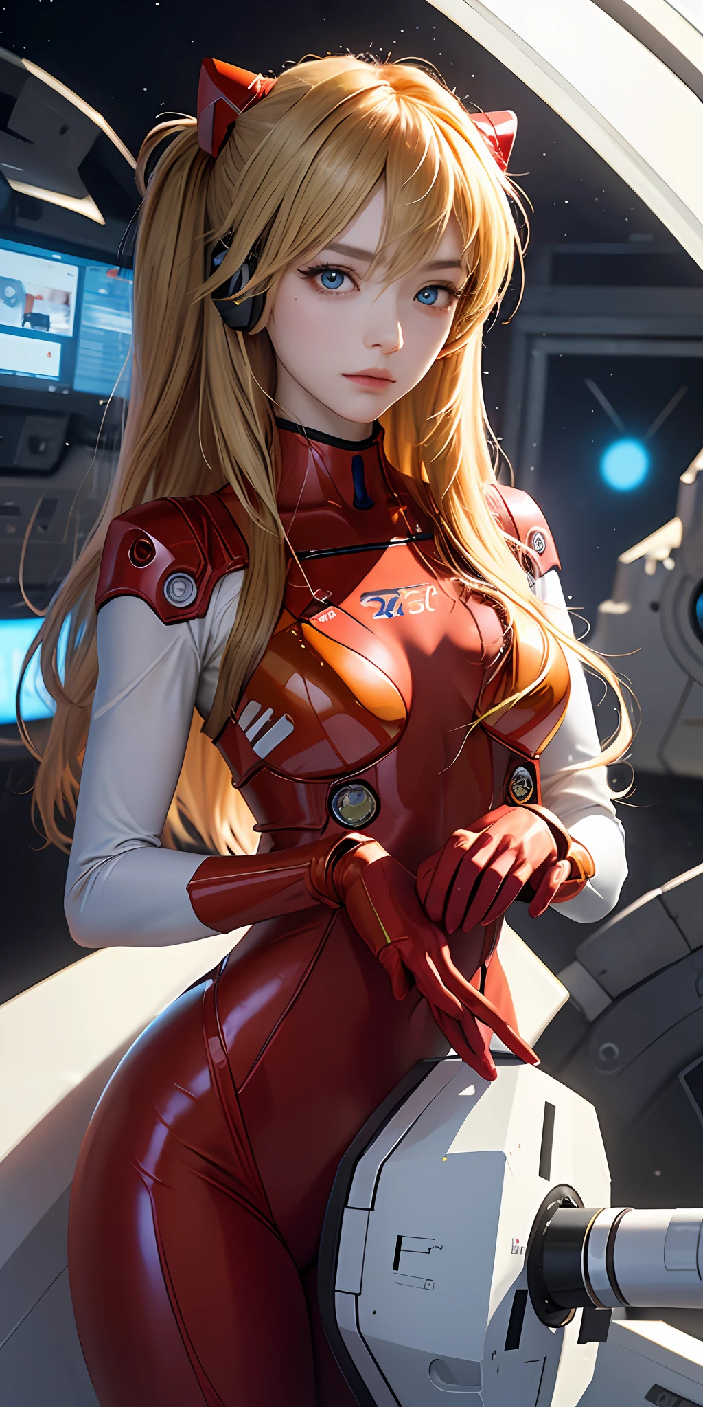 (Overhead view),dynamic angle,ultra-detailed, illustration, close-up, straight on, 1girl, 
 ((souryuu asuka langley, interface headset, red bodysuit:1.4, blonde)),Her eyes shone like dreamy stars,(glowing eyes:1.233),(beautiful and detailed eyes:1.1),(expressionless,closed mouth),(standing), 
(mechanic room with toolsand spaceship windowin a white SPACESHIP),
(night:1.2),dreamy, [[delicate fingers and hands:0.55]::0.85],(detail fingers),