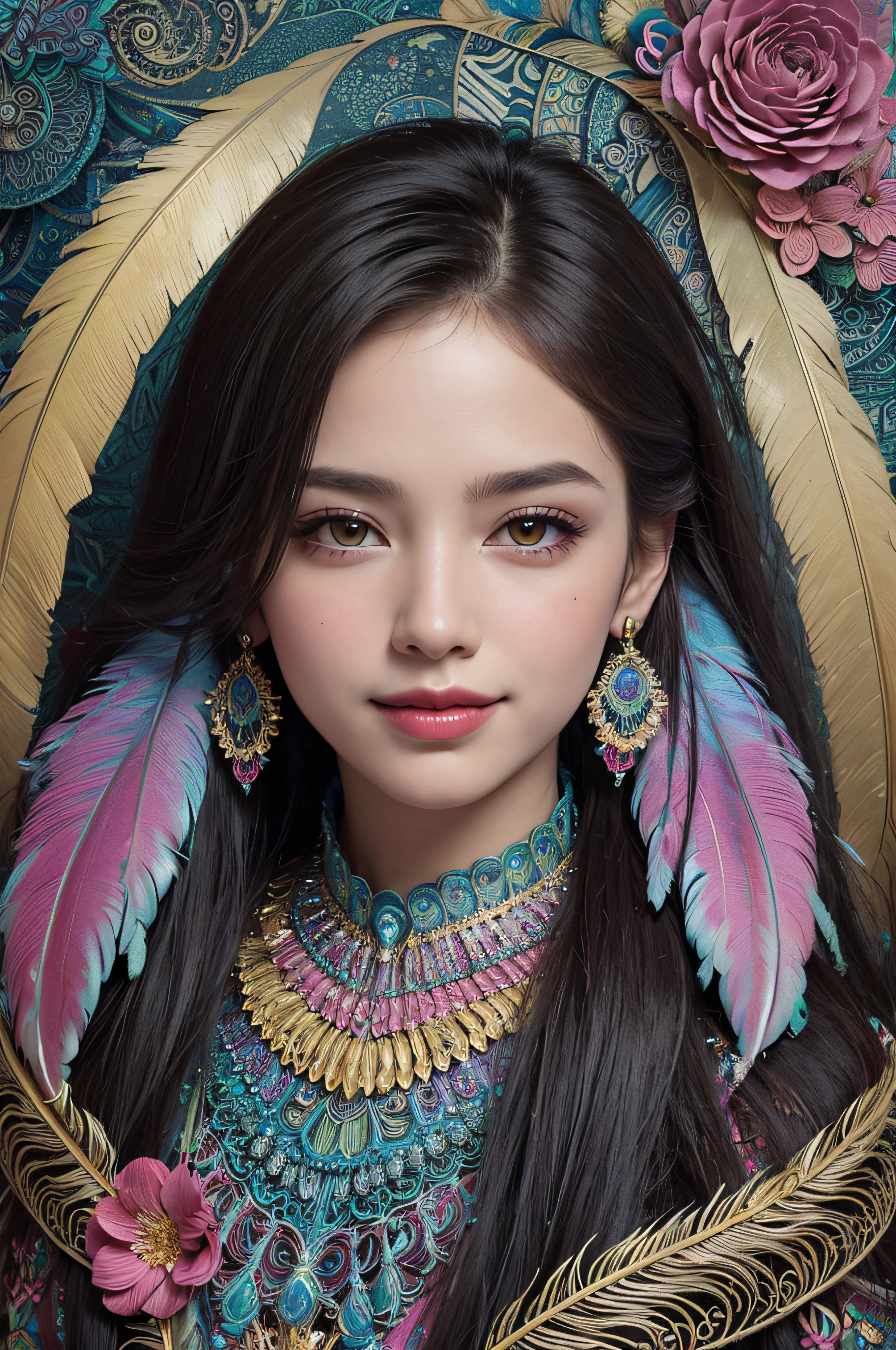 (masterpiece, top quality, best quality, official art, beautiful and aesthetic:1.2), (1girl:1.3), smiling, extremely detailed,(fractal art:1.1),(colorful:1.1)(flowers:1.3),highest detailed,(zentangle:1.2), full body, (abstract background:1.3), (shiny skin), (many colors:1.4), ,(earrings), (feathers:1.5),