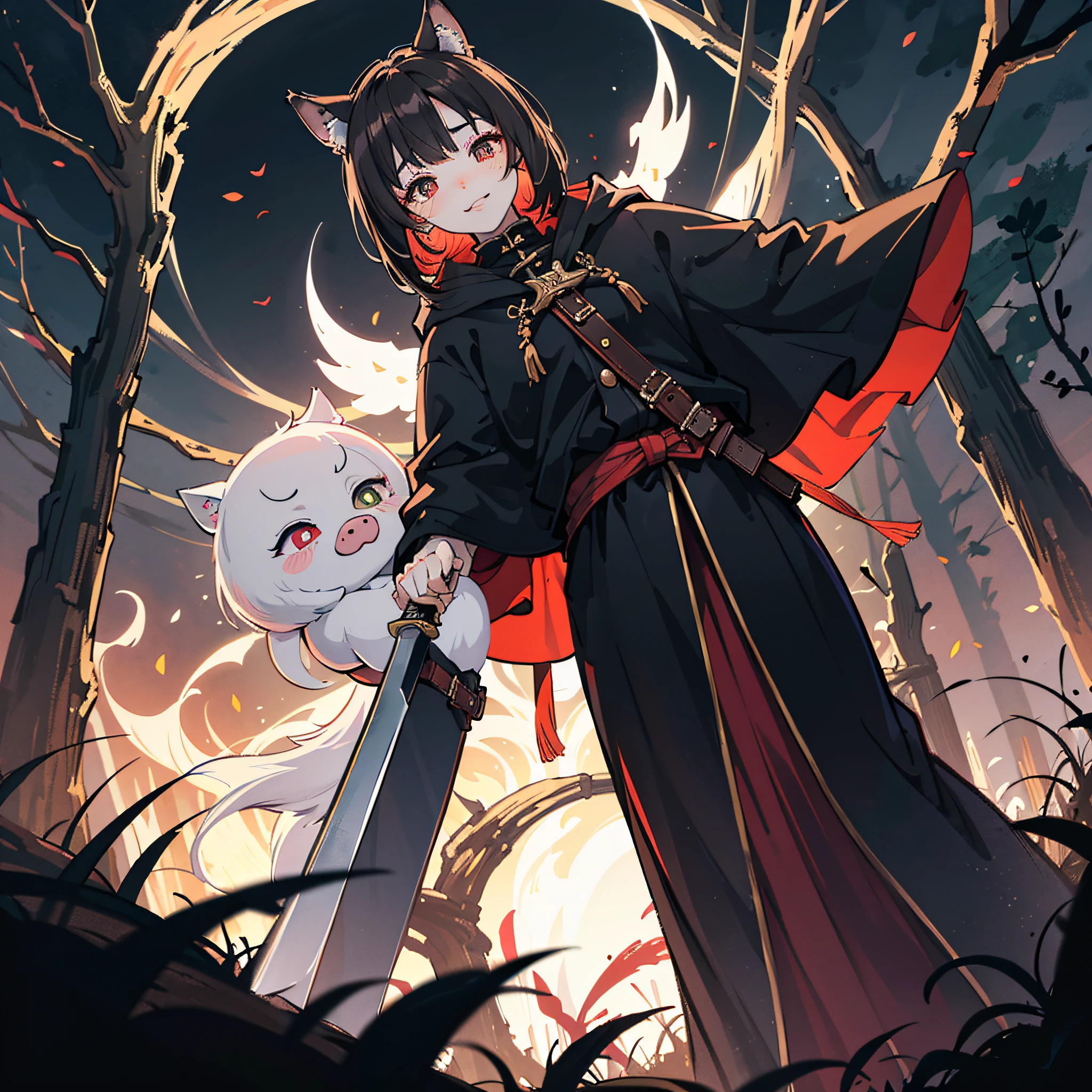 The boy, hood up, Blushlush, brown  hair, BROWN EYES, hood up, There are no pupils, CHIBI, ghostfuck, LONG SLEEVES, capelet, bobed hair, Long knife in hand, Pitch black forest, A bare tree behind him, Bonfire ceremony, silver hair, hair over shoulder, devil pupils, heterochromia, pig ears, wolf ears, sad, crazy, evil smile, anime style, cinematic lighting, ray tracing, chiaroscuro, from below, character chart, highres, best quality --auto