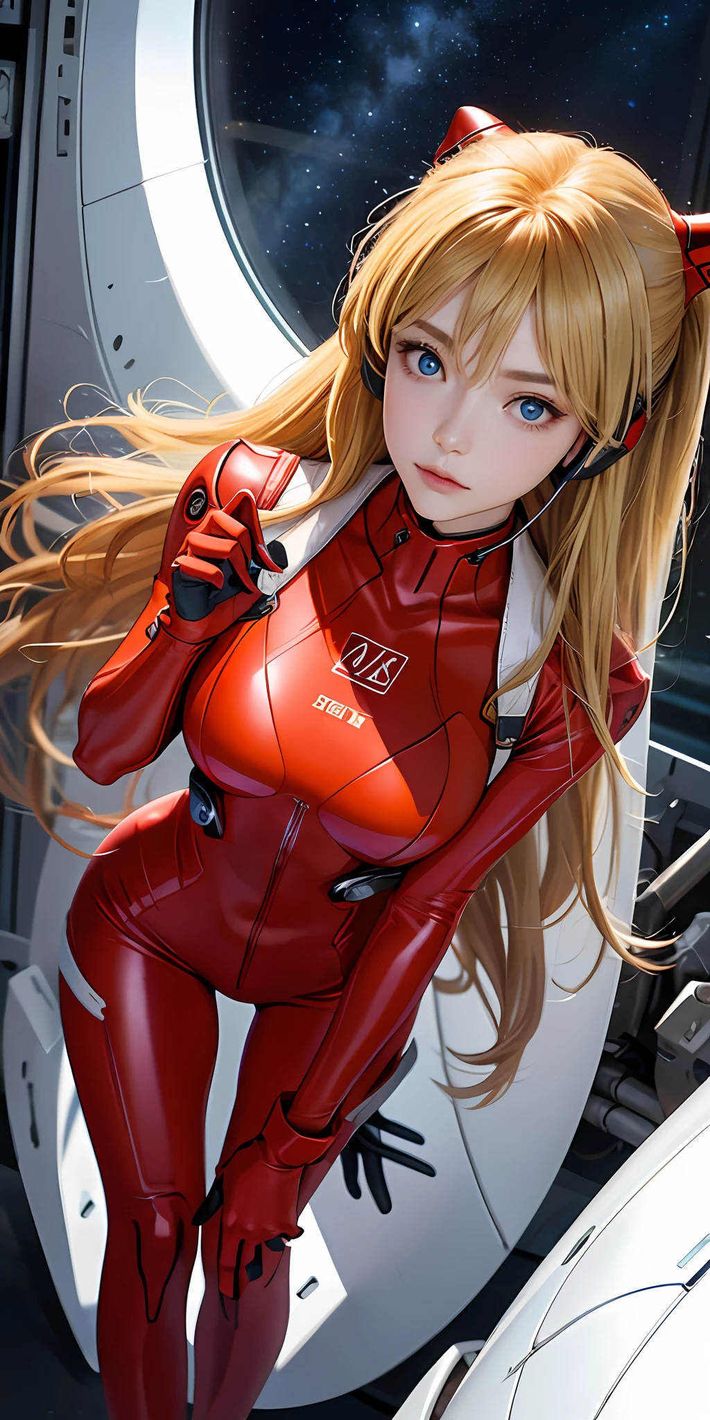 (Overhead view),dynamic angle,ultra-detailed, illustration, close-up, straight on, 1girl, 
 ((souryuu asuka langley, interface headset, red bodysuit:1.4, blonde)),Her eyes shone like dreamy stars,(glowing eyes:1.233),(beautiful and detailed eyes:1.1),(expressionless,closed mouth),(standing), 
(mechanic room with toolsand spaceship windowin a white SPACESHIP),
(night:1.2),dreamy, [[delicate fingers and hands:0.55]::0.85],(detail fingers),