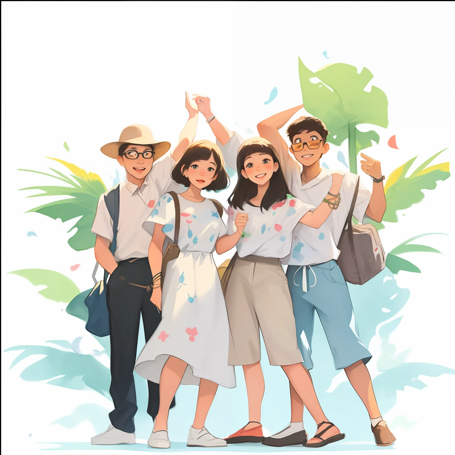 there are four people standing together in a cartoon style, beautiful painting of friends, exciting illustration, illustration style, with many travelers, watercolor illustration style,