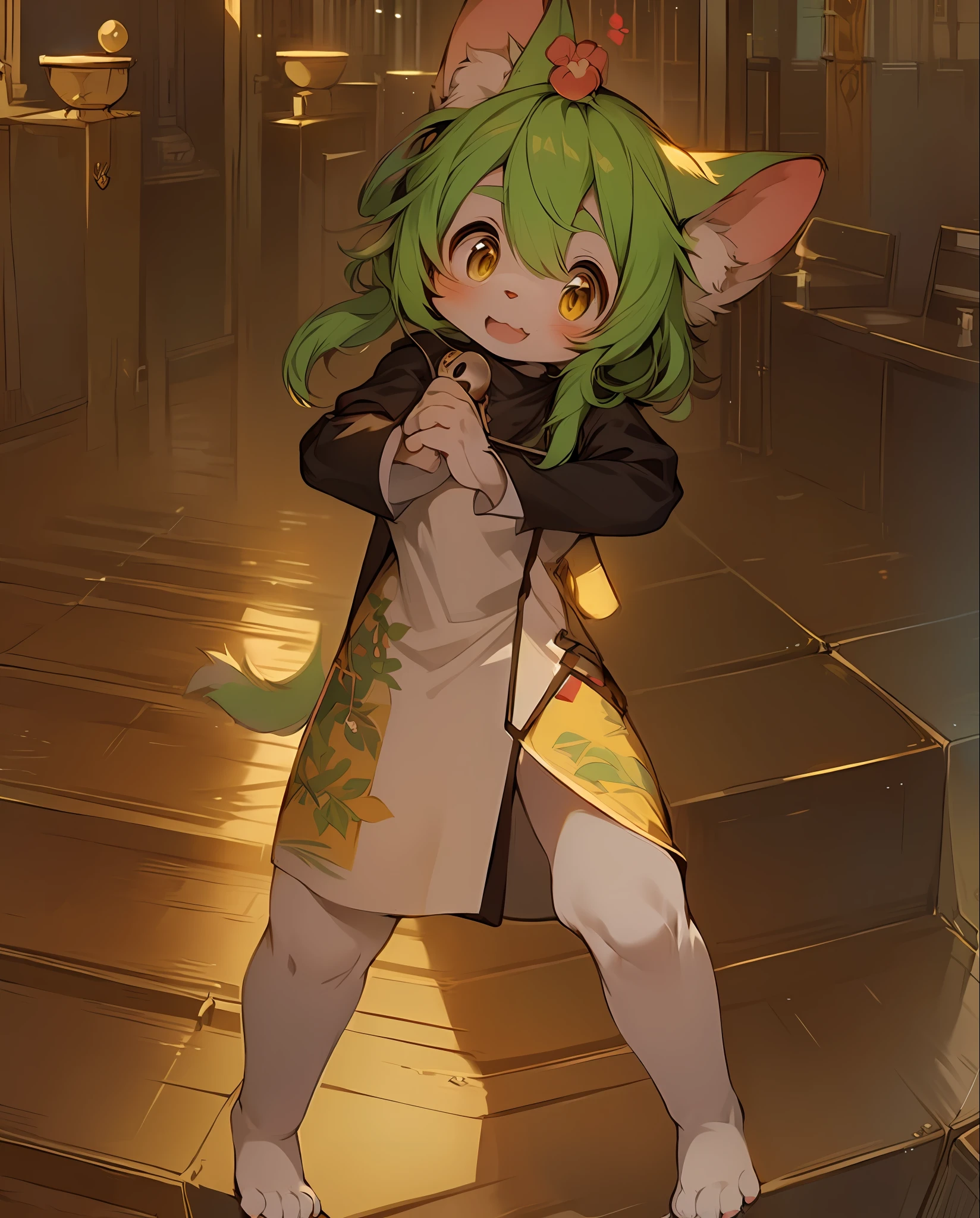 Masterpiece、,highs quality,Ridiculous resolution,DIGITAL PAINTING\(artworks\),dagasi, Yupa,Kiyoyama,(Fluffy Fur,White and yellow fur,Full Body Fur,Yellow fox ears,The cheeks have a green pattern,Green hair:1.2),shaggy,,Doll,'s 、,shaggy,girl,Golden eyes,Bright eyes,Panoramic View,Character focus。detailedbackground,,(the bell,Nun dress,loose clothes:1.2),(Mao Long,Nun dress,Churches:1.3)