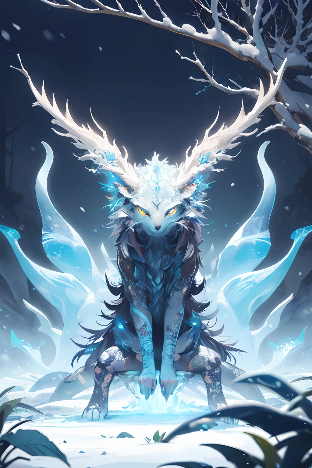 absurds,High res,ultra Detailed,official arts,统一 8k 壁纸,ultra Detailed,Beauty and aesthetics,master masterpiece,best best quality,(zentangle,Ice and snow,Tangles,Entanglement),(s fractal art:1.3),PhotoRealistic,(master masterpiece,topquality,best best quality,official arts,Beauty and aesthetics:1.2),Very Detail,s fractal art,variegated,most details,zentangle,(Abstract Background:1.5)(1boy:1.3),Kamimei,(Glowing blue eyes),Enigmatic,(MAGIC),((Sit on a tree)),Ice and snow
