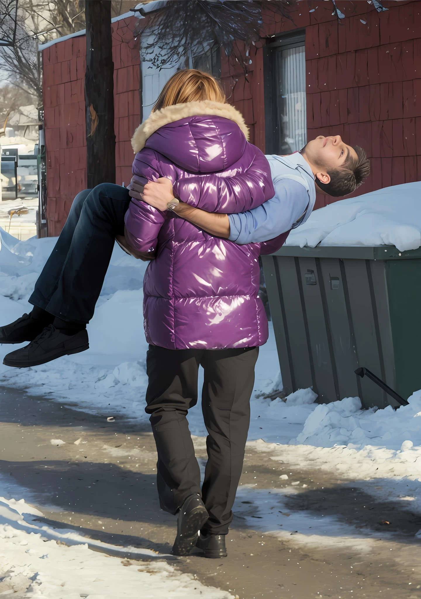 affection pose, lecherous action pose, dramatic action pose, theatralic pose, woman that is carrying a skinny man, there is a beautiful woman in a shiny coat who is carrying a blond man in her arms, a longhaired beautiful woman in a high-shine black puffy coat, a longhaired woman in a shiny downcoat, a woman is carrying a shorthaired man who is wearing black shorts, a weak man in black shorts is consciousless and needs to be carried, a shorthaired man with closed eyes is carried in the arms of a longhaired woman, a woman looks very scared and terrified, a consciousless man with closed eyes is suffering very much and has a very painful face, photo, photo shoot, photographed , accident, help, aid, first aid, pity