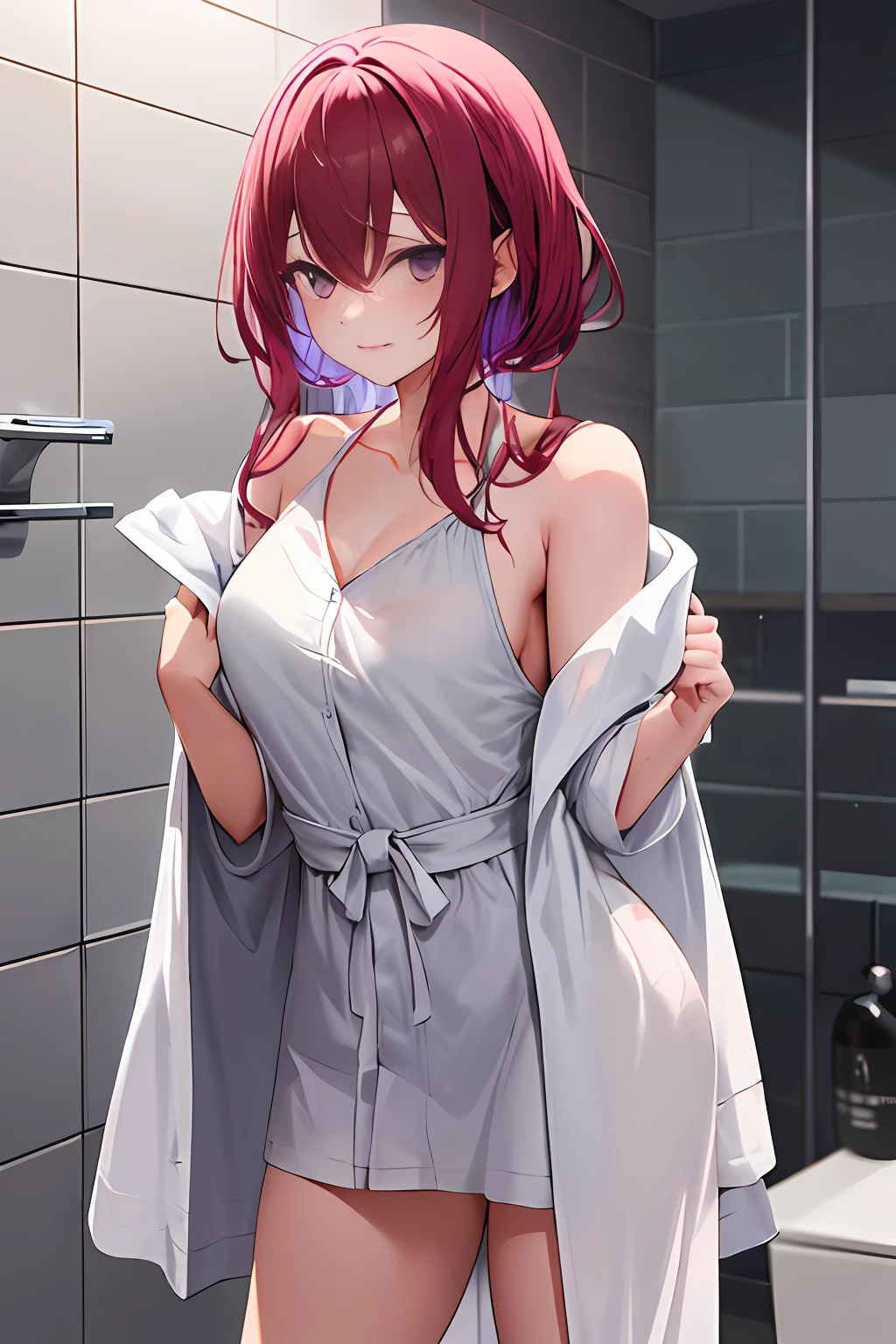 Anime girl in white bathrobe,Short reddish-purple color hair,bobed hair,Purple eyes,A comfortable and relaxed expression,Wrapped in a white bathrobe,Sexy bathrobes,open shoulders,Covered in water droplets,Just after a shower,seductive anime girls,Stand in the bathroom,Warm lighting,Water vapor,halfbody,Ultraclear,ultra Detailed,best best quality,master masterpiece,