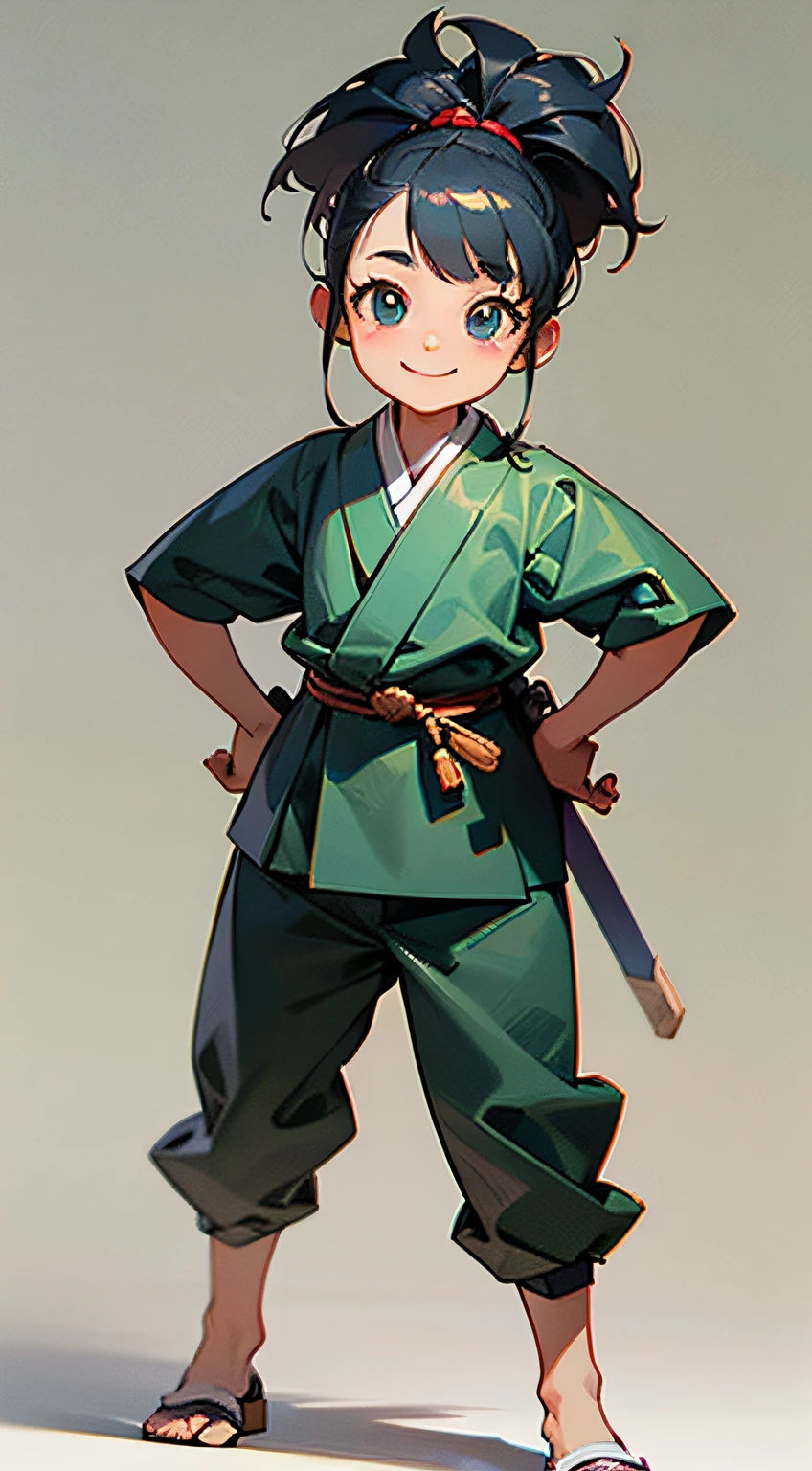 animated, dressed as a ninja, cuddly, happiness, SMILE, Swing the sword down, amusing, white background, Concept art, Oriental style, Master of perspective, realistice
