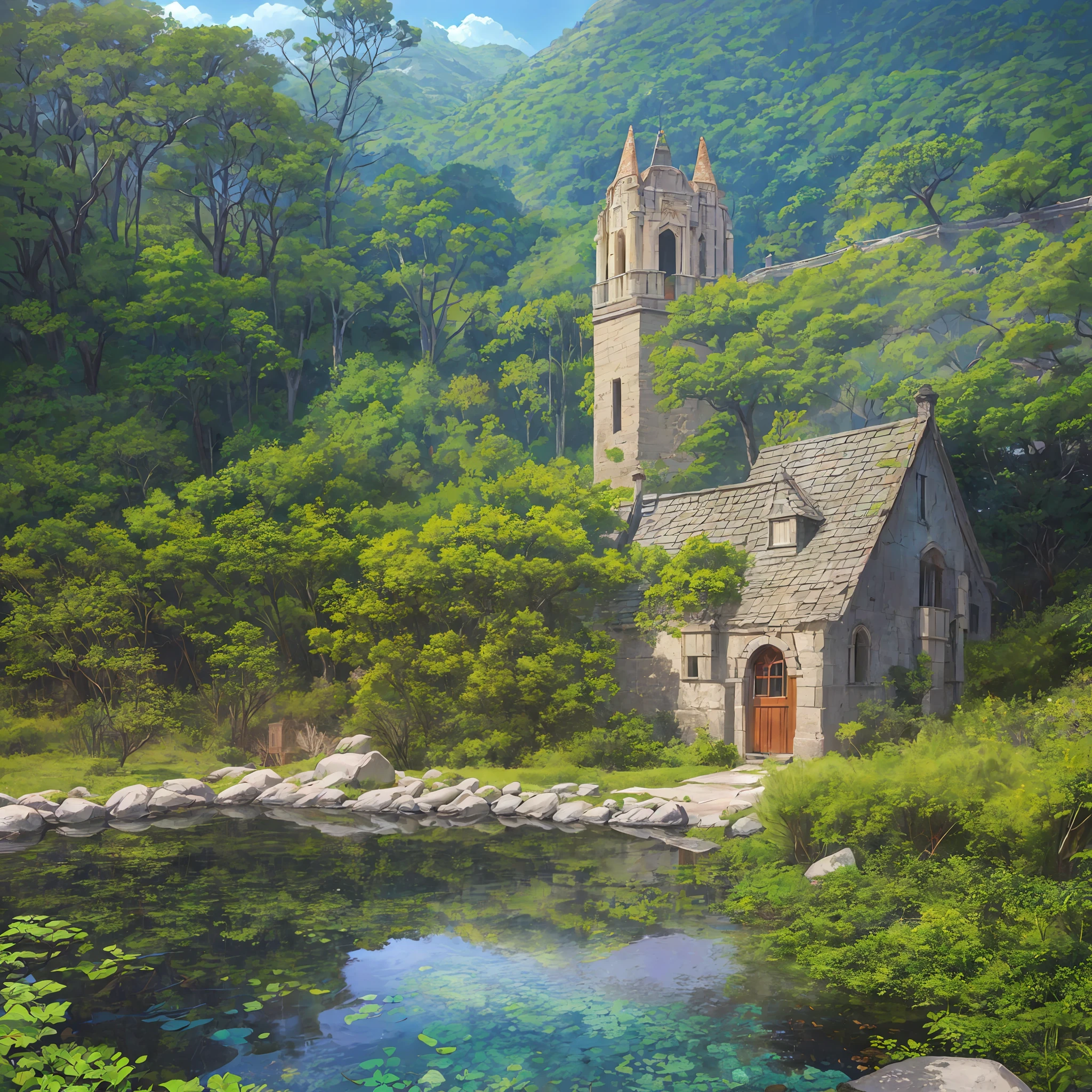 Computer visualized graphics, realistic fentezi, Extensive landscape ultra photography (general view, which shows, A dilapidated stone tower with outbuildings - very similar to a temple - is completely overgrown with ivy, With dark-blue, twisted into three fingers thick trunk and rare, withered bluish leaves), blurred background, grim, yellow, green, purple background, blue, cold, волшебство “Majestic mountains," “Lush forests," “Glittering lakes," “Desert dunes," “Golden sunsets." --auto --s2