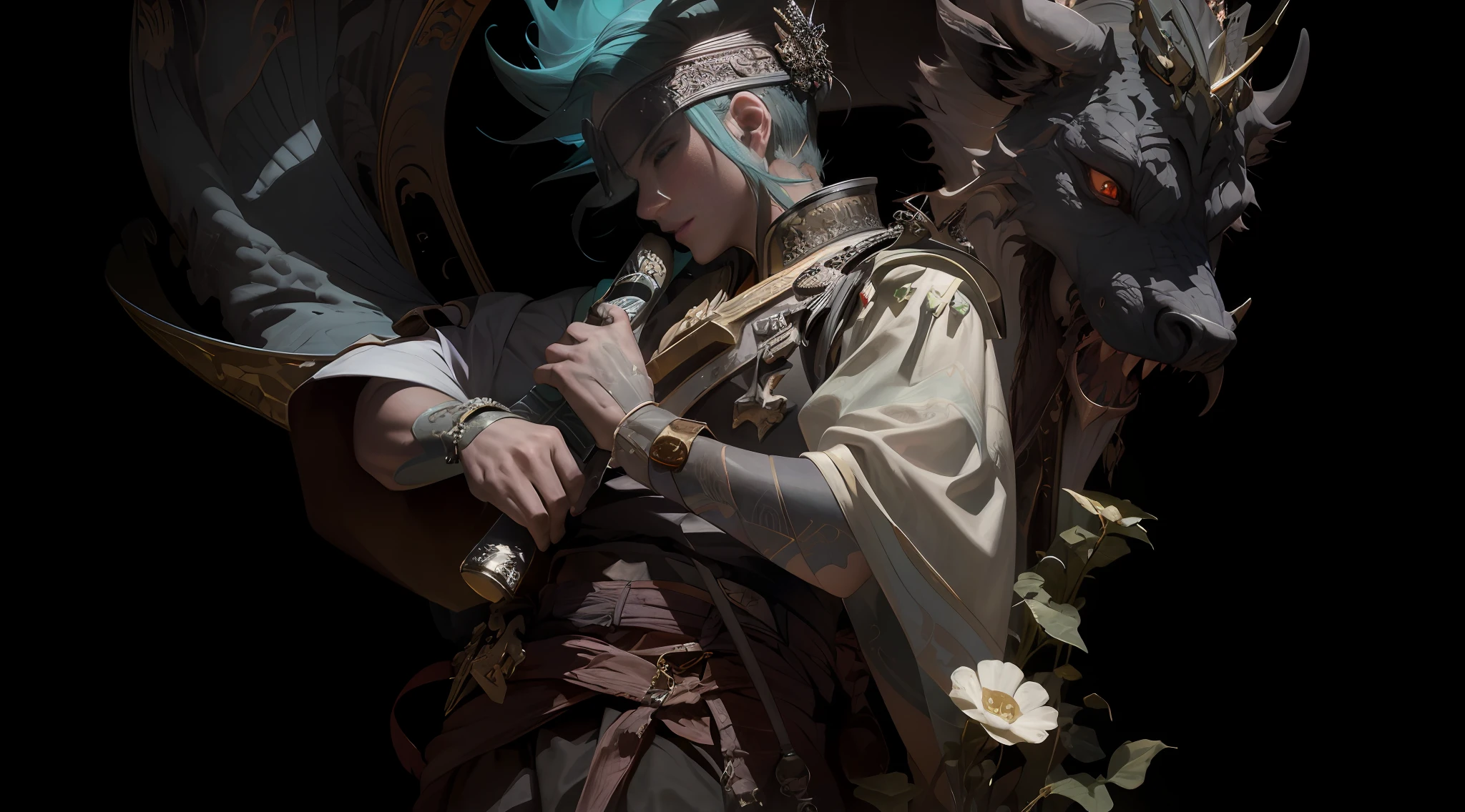 There is a man in costume with a sword and a dragon, hyperdetailed fantasy character, edgar maxence and ross tran, artwork in the style of guweiz, 4 k detail fantasy, 2. 5 d cgi anime fantasy artwork, ross tran and wlop, ross tran 8 k, ross tran and bayard wu, 3 d render character art 8 k,