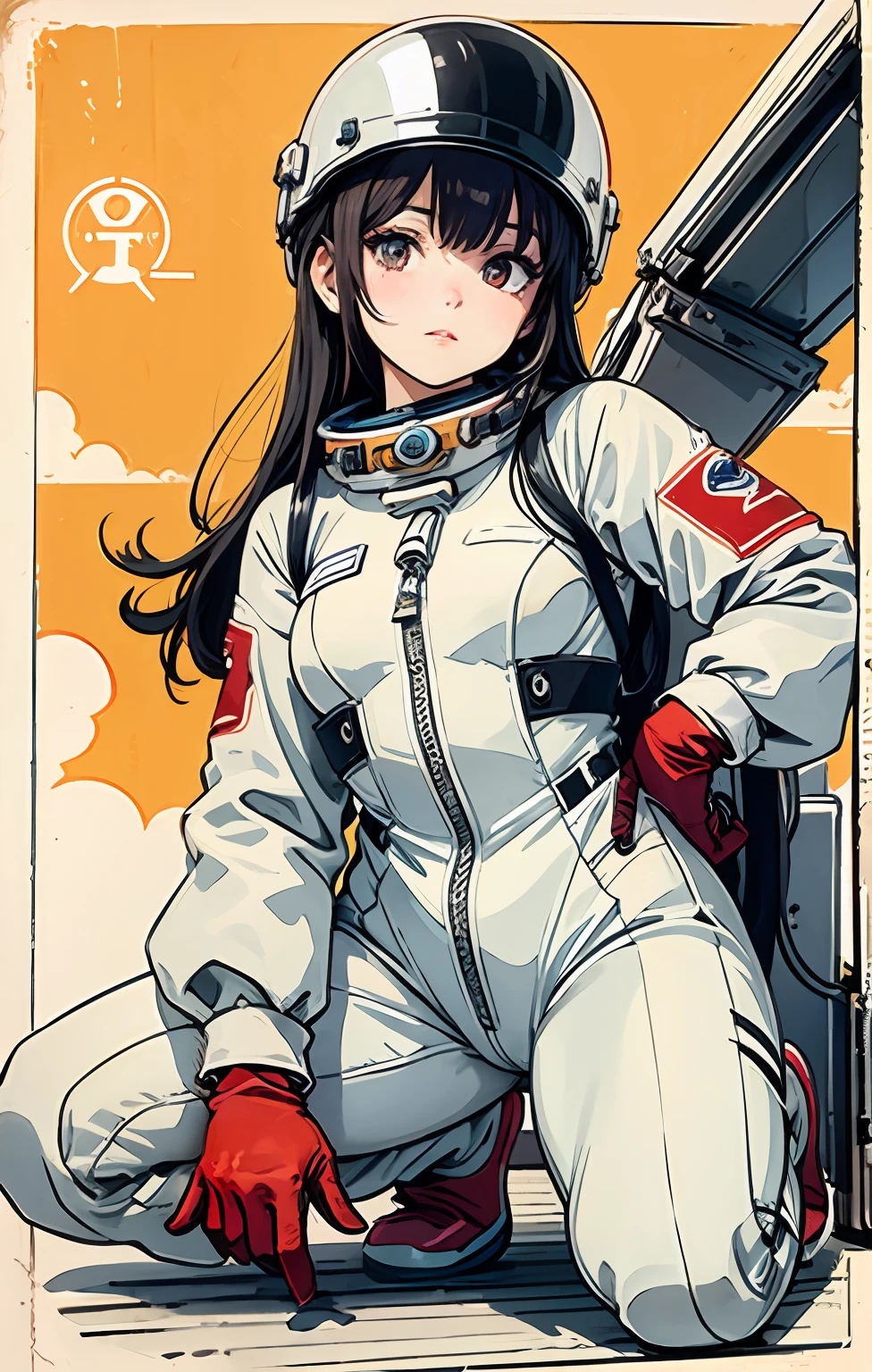 1girl,flat chested,adorableness,BEAUTIFUL DETAILED EYES,Shiny Hair,Visible through hair,Hair between the eyes,CCCPposter,sovietposter,red monochrome,USSR poster,communist,black Hair,redeyes,The vampire,Young Girl,poor breasts,space suit:Orange_clothing_body:jumpsuit ), white_gloves, white_space shoes, white_helmet, CCCP red letter on the top of the helmet, in weightlessness, Side light, reflection, The person in the spacesuit is in the lower left of the picture，Space station in the upper right corner of the screen，The sun reflects light，Silver metal，red flag，luster，Diffuse Reflection，metallic texture，The vista is the blue earth，mecha style,starsea,highkey,Magnificent