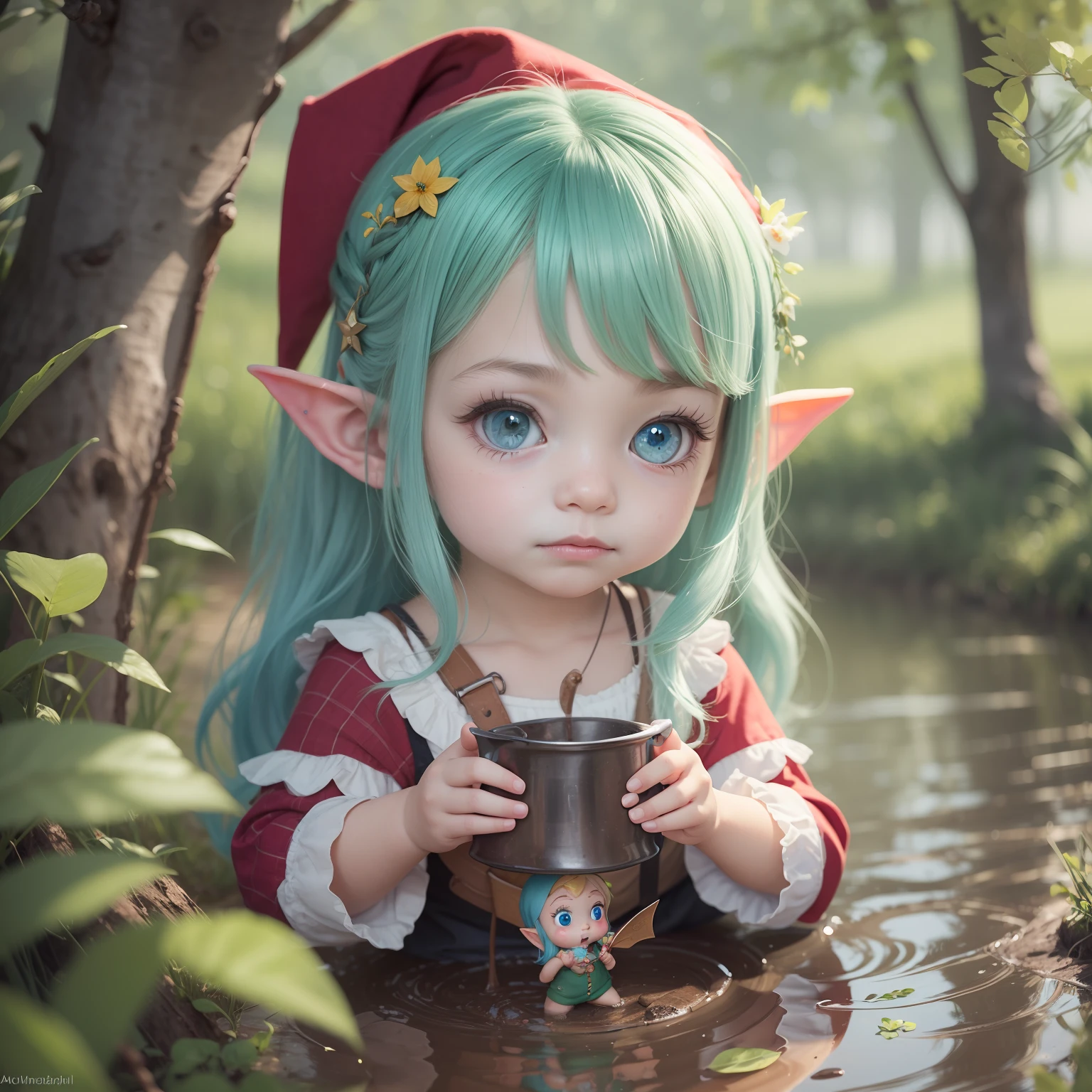 A scene with medium range: Melvin ,a cute gnome, adorable digital painting, cute detailed digital art, and Lilly , elf girl 6 year's withand sweet blue eyes, long blue hair, cute face, adorable digital painting, portrait of very beautiful elf, cute detailed digital art, with a sly look and a very mischievous expression, are in a puddle of mud. --auto --s2
