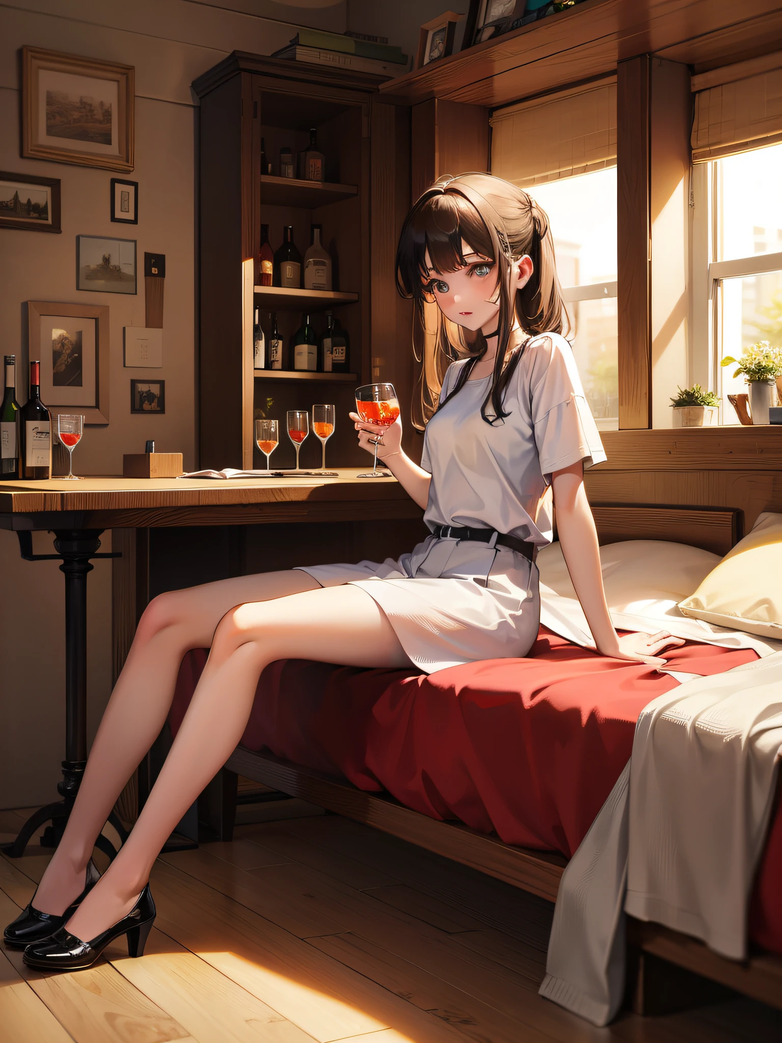 The girl sits on the bed,Drink a glass of unknown liquid