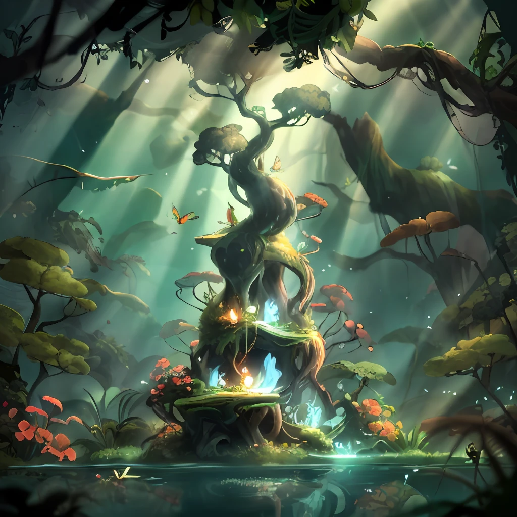 master masterpiece，best best quality，（非常详细的CG统一8k壁纸），（best best quality），（best illustrations），（Best Shadows），Natural insects，Drinking water in the pool，Natural elements of forest theme。Mysterious forest，beautiful forest，natural,,，surrounded by flower，Delicate leaves and branches are surrounded by fireflies（Natural element），（Jungle Theme），（Leaves），（twigs），（Fireflies），（particle effect）和其他3D，octanerendering，Ray Trace，is super detailed，No text，CARTOON