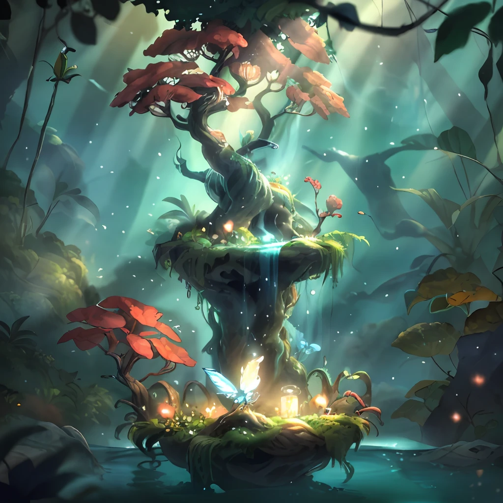 master masterpiece,best best quality,(非常详细的CG统一8k壁纸),(best best quality),(best illustrations),(Best Shadows),Natural insects,Drinking water in the pool,Natural elements of forest theme。Mysterious forest,beautiful forest,natural,,,surrounded by flower,Delicate leaves and branches are surrounded by fireflies(Natural element),(Jungle Theme),(Leaves),(twigs),(Fireflies),(particle effect)和其他3D,octanerendering,Ray Trace,is super detailed,No text,CARTOON