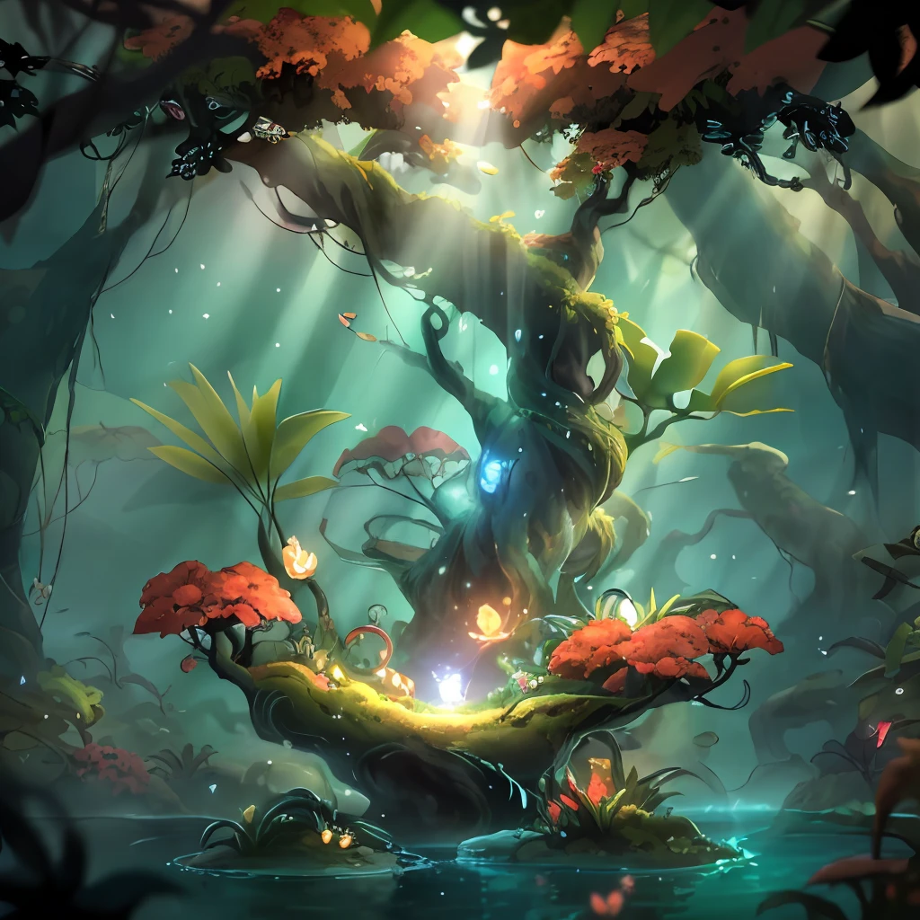 master masterpiece,best best quality,(非常详细的CG统一8k壁纸),(best best quality),(best illustrations),(Best Shadows),Natural insects,Drinking water in the pool,Natural elements of forest theme。Mysterious forest,beautiful forest,natural,,,surrounded by flower,Delicate leaves and branches are surrounded by fireflies(Natural element),(Jungle Theme),(Leaves),(twigs),(Fireflies),(particle effect)和其他3D,octanerendering,Ray Trace,is super detailed,No text,CARTOON