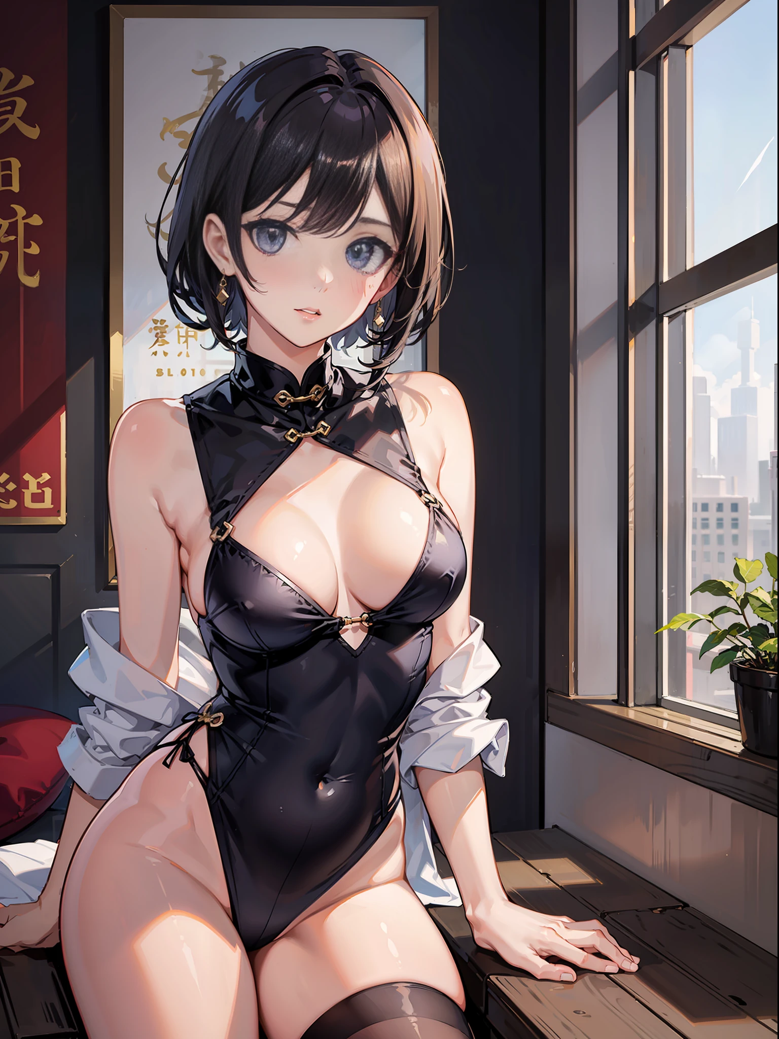 Slender Beautiful Girl、cheongsam style school swimwear、Highres、beste Quality、Super Detail、Fine details、Does not blush cheeks、kneehighs、Undersized breasts