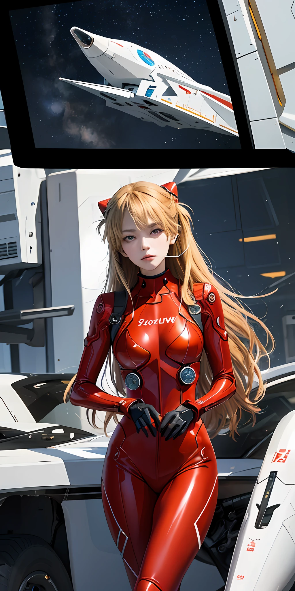 (Overhead view),dynamic angle,ultra-detailed, illustration, close-up, straight on, 1girl, 
 ((souryuu asuka langley, interface headset, red bodysuit:1.4, blonde)),Her eyes shone like dreamy stars,(glowing eyes:1.233),(beautiful and detailed eyes:1.1),(expressionless,closed mouth),(standing), 
(mechanic room with toolsand spaceship windowin a white SPACESHIP),
(night:1.2),dreamy, [[delicate fingers and hands:0.55]::0.85],(detail fingers),