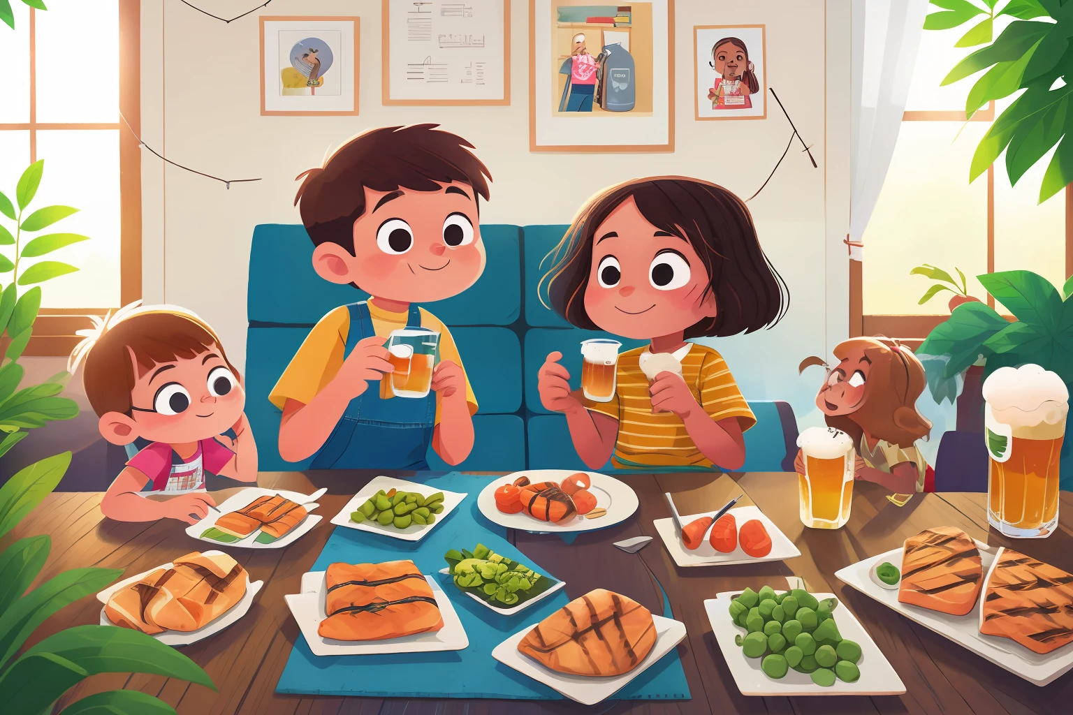 summer day，Grilled fish，reunion，House parties，Adults drink beer，Little girl drinking soda，One boy，A Girl，A father，A Mother，Sit in the living room，4K，full frame