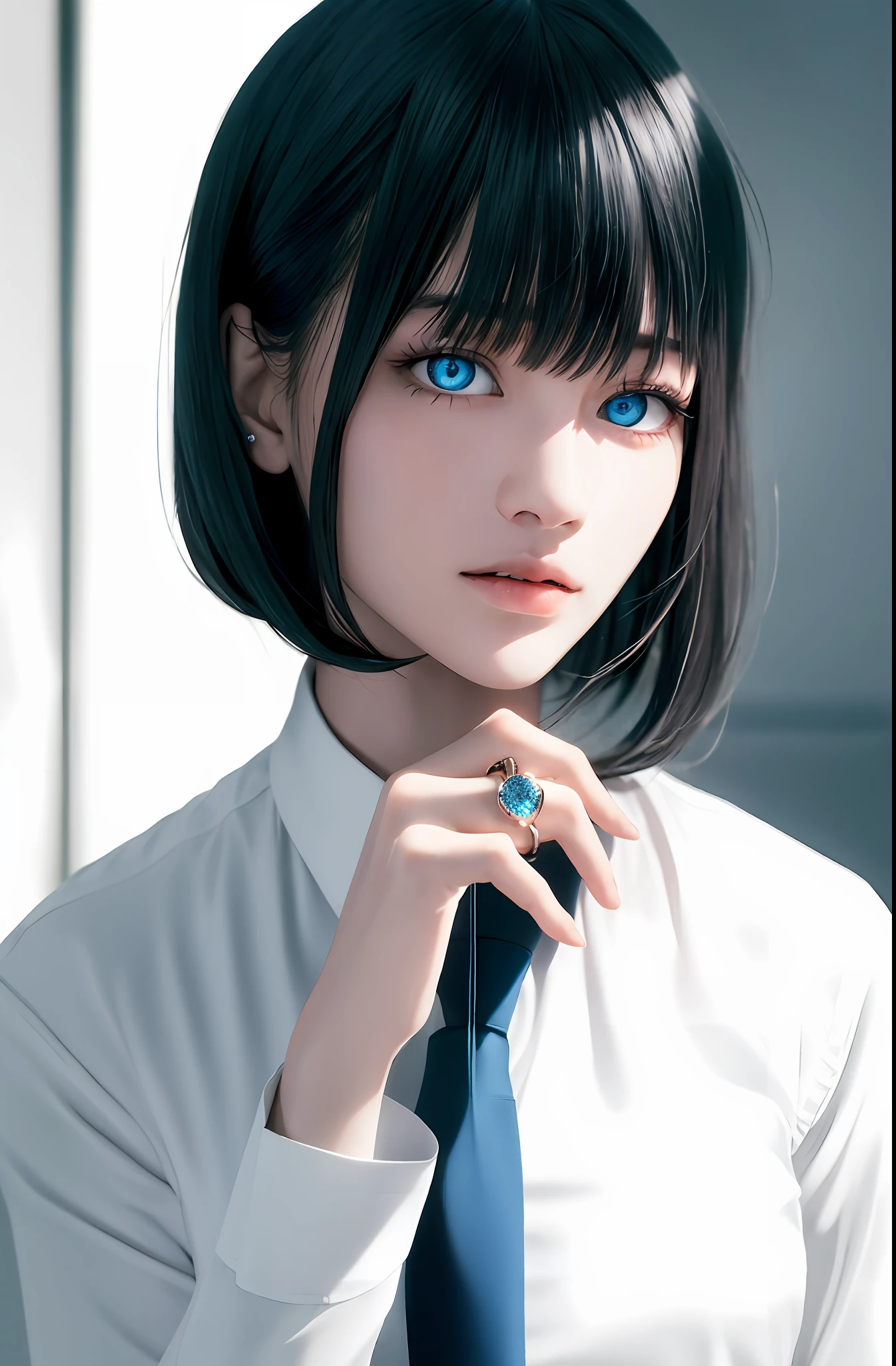 Masterpiece, (Photorealistic: 1.4), Top Quality, Beautiful Lighting, (ulzzang-6500:0.5), Makima \(Chainsaw Man\), (Bob Hair) + (Black Hair) + (Bangs), Blue Eyes, Blue Eyes, (((Ring Eyes)), (White Shirt), (Tie), RAW Photography, 8k UHD, Film Grain