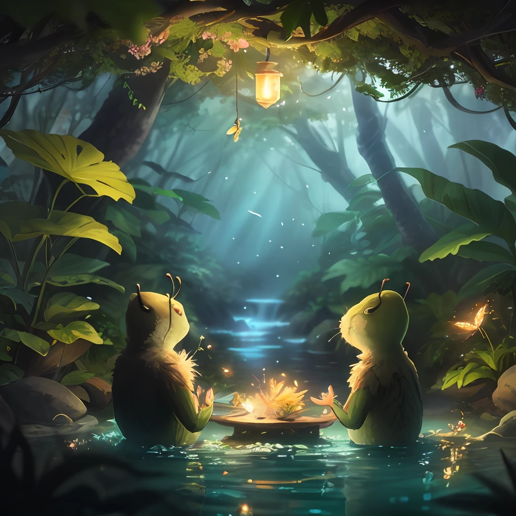 Anthropomorphic ants，master masterpiece，best best quality，（非常详细的CG统一8k壁纸），（best illustrations），（Best Shadows），insects，Drinking water in the pool，Natural elements of forest theme。Mysterious forest，beautiful forest，natural,,,,,，surrounded by flower，Delicate leaves and branches are surrounded by fireflies（Natural element），（Jungle Theme），（Leaves），（twigs），（Fireflies），（particle effect）和其他3D，octanerendering，raytraced，is super detailed，No text，CARTOON