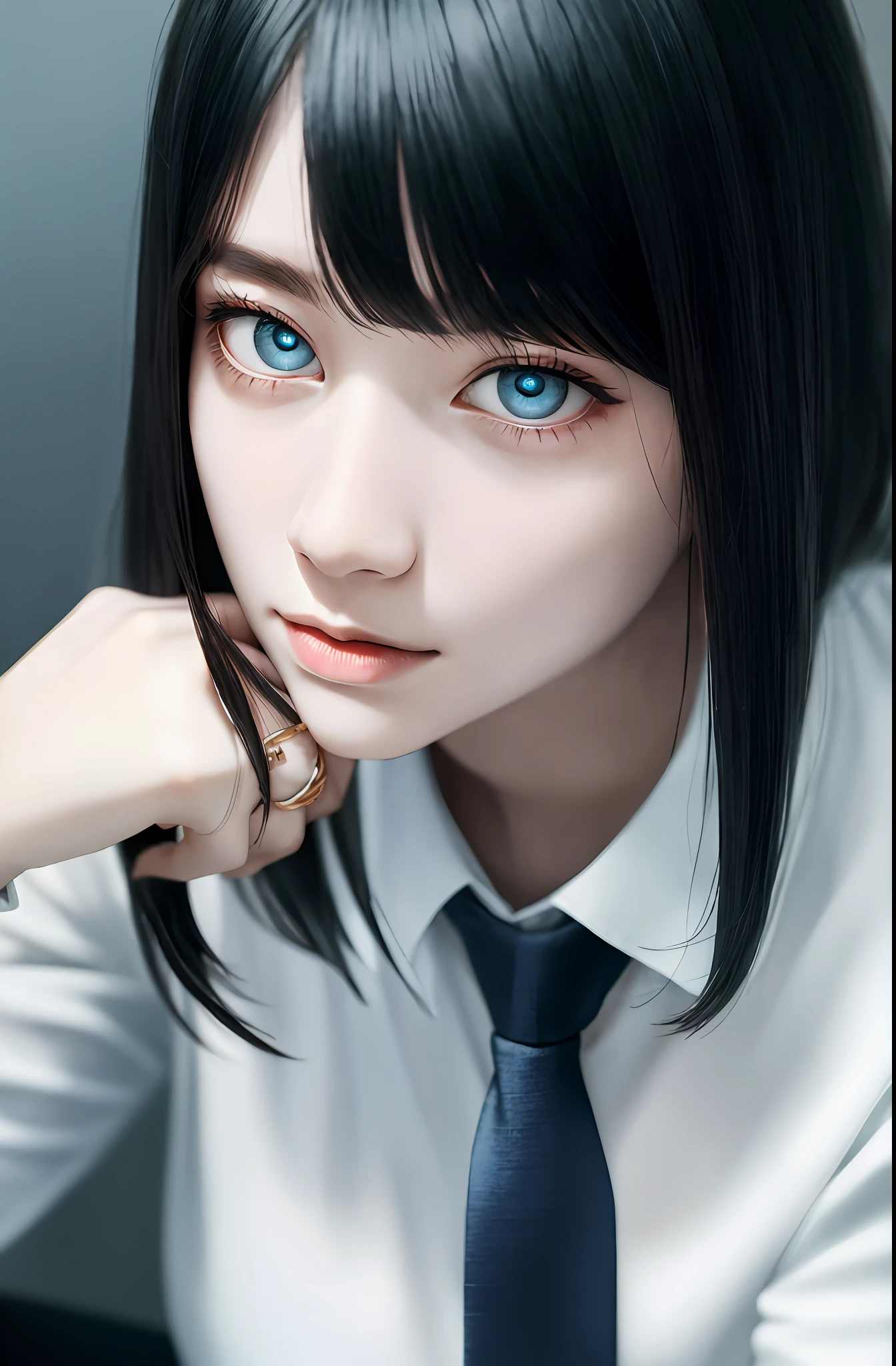 Masterpiece, (Photorealistic: 1.4), Top Quality, Beautiful Lighting, (ulzzang-6500:0.5), Makima \(Chainsaw Man\), (Bob Hair) + (Black Hair) + (Bangs), Blue Eyes, Blue Eyes, (((Ring Eyes)), (White Shirt), (Tie), RAW Photography, 8k UHD, Film Grain